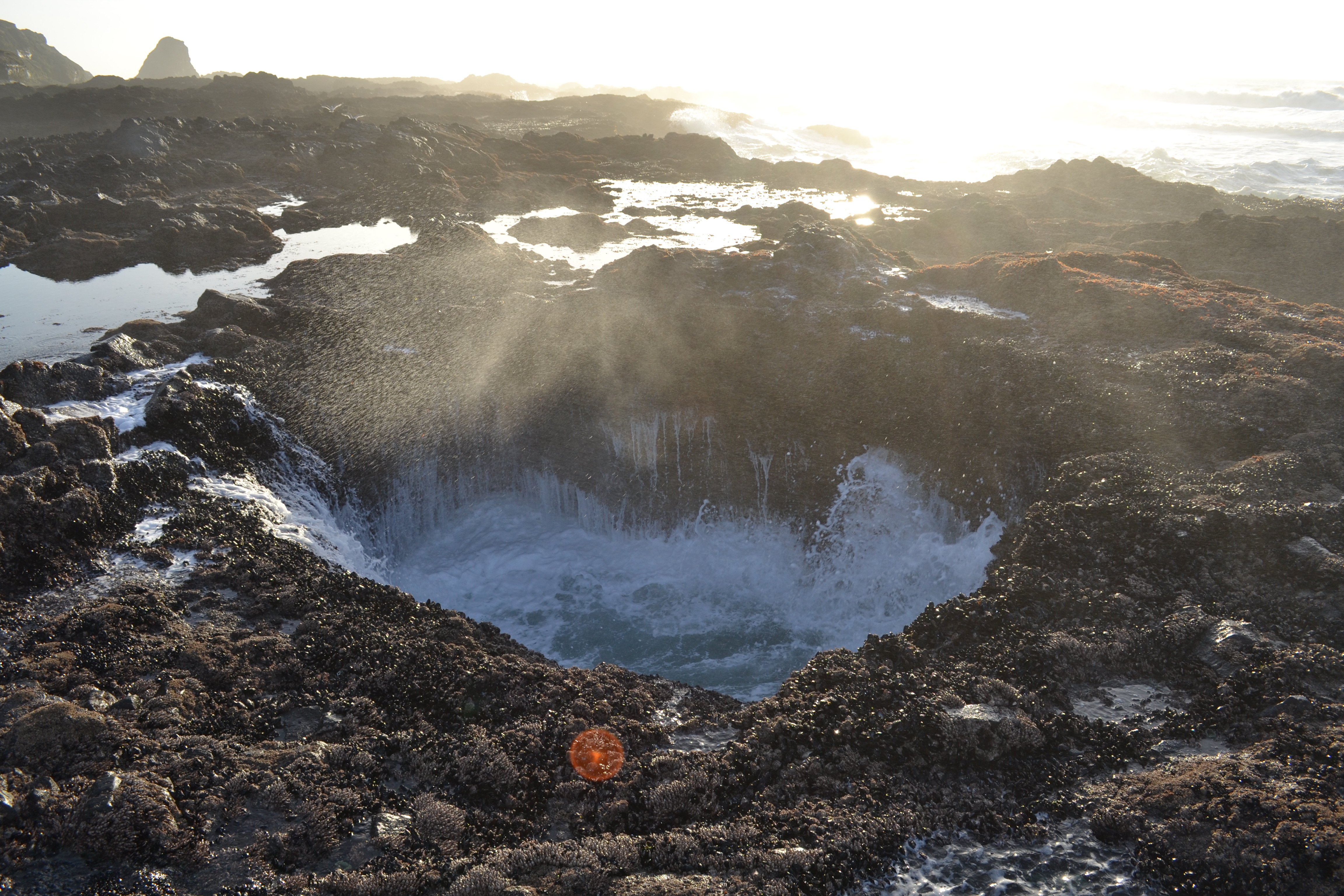 Seawater shooting up from Thor's Well at high tide on the Oregon Coast at Cape Perpetua, demonstrating the natural geyser effect of the collapsed sea cave