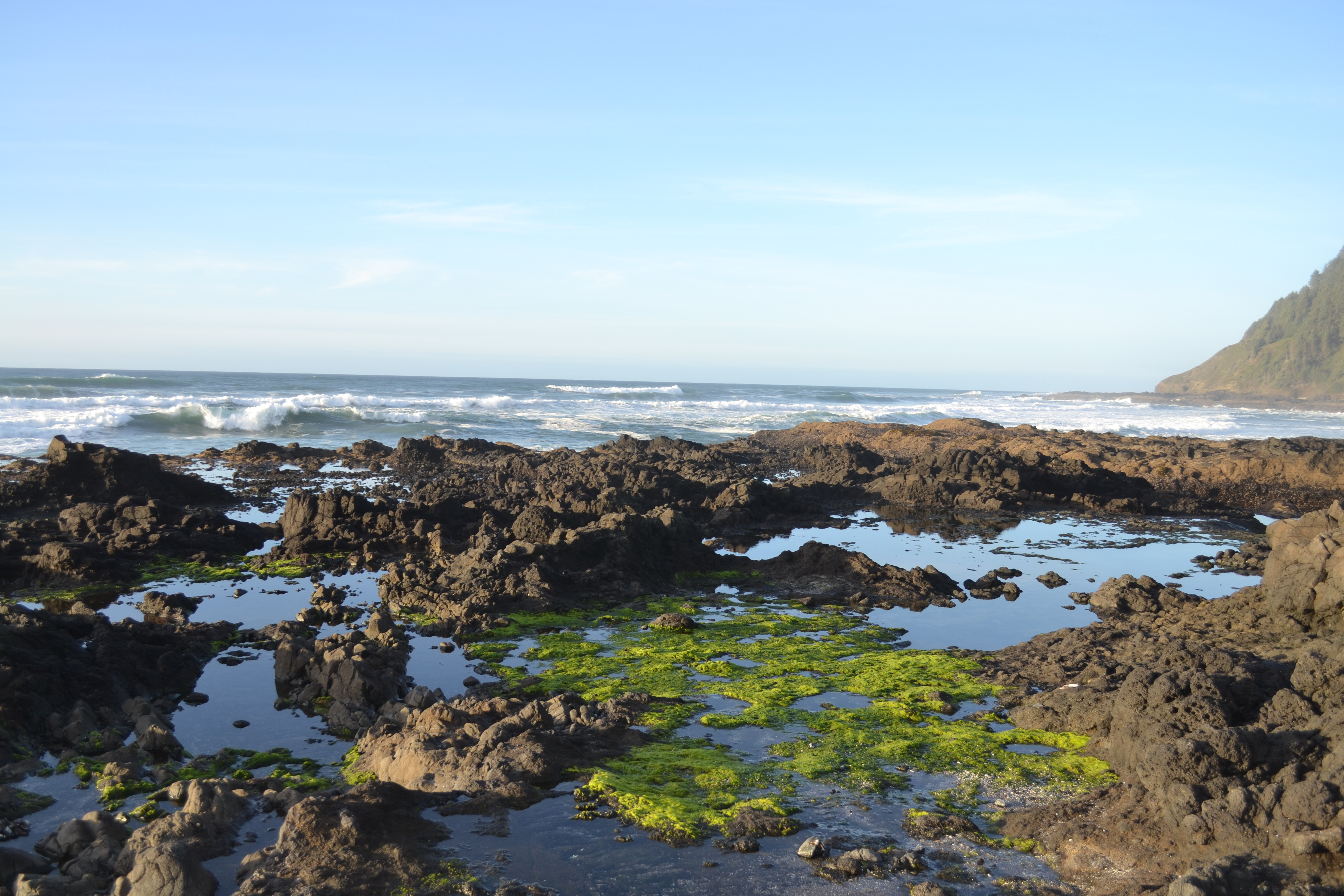 Thor's Well viewpoint at sunset on the Oregon Coast near Yachats with golden light spilling across the basalt shoreline of Cape Perpetua Scenic Area