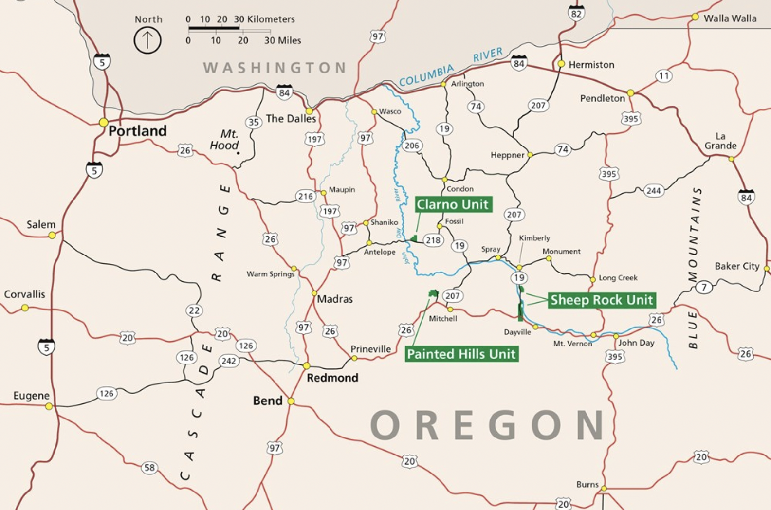 Map of Oregon showing the three units of John Day Fossil Beds National Monument with Painted Hills southwest of the Sheep Rock and Clarno units