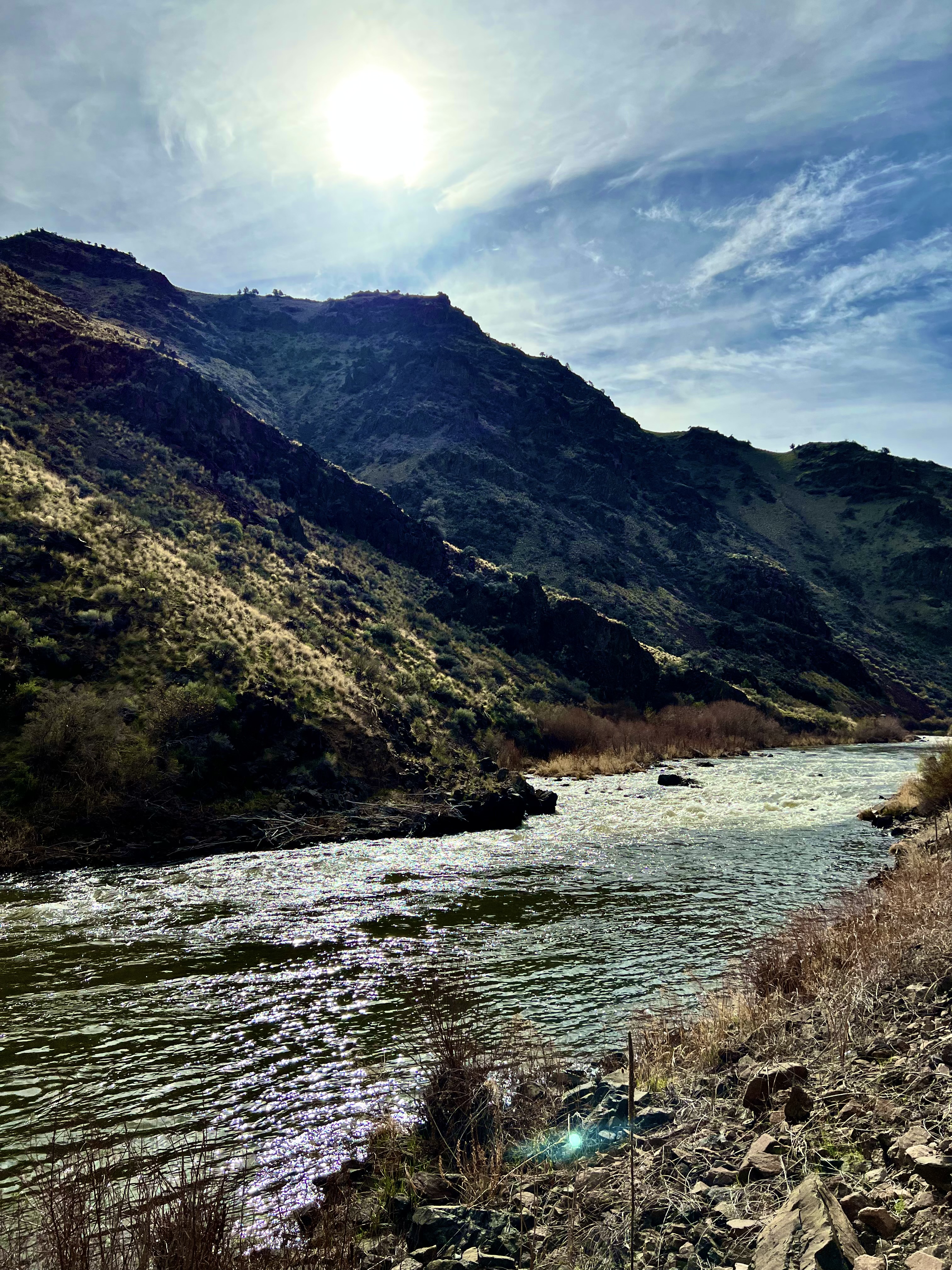 The John Day River flowing through a basalt canyon in Eastern Oregon with green riverbanks and dry hills