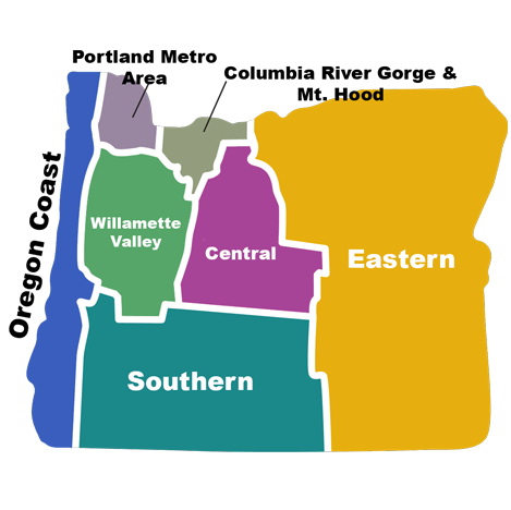 Illustrated map of Oregon showing the 7 tourism regions: Portland, Oregon Coast, Willamette Valley, Mt. Hood and the Columbia River Gorge, Central, Southern, and Eastern Oregon