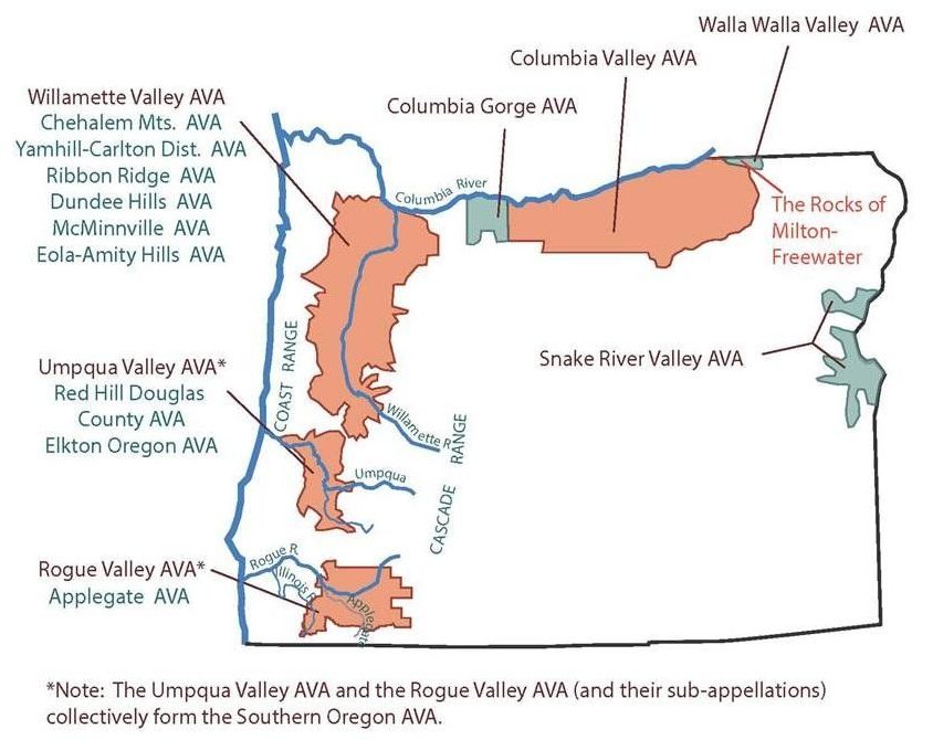 Map of Oregon showing the five umbrella American Viticultural Areas: Willamette Valley AVA in the northwest, Southern Oregon AVA (containing Umpqua and Rogue Valleys) in the southwest, Columbia Gorge AVA along the Columbia River, Columbia Valley AVA in the northeast (including the Walla Walla Valley and Rocks District of Milton-Freewater), and Snake River Valley AVA on the Idaho border
