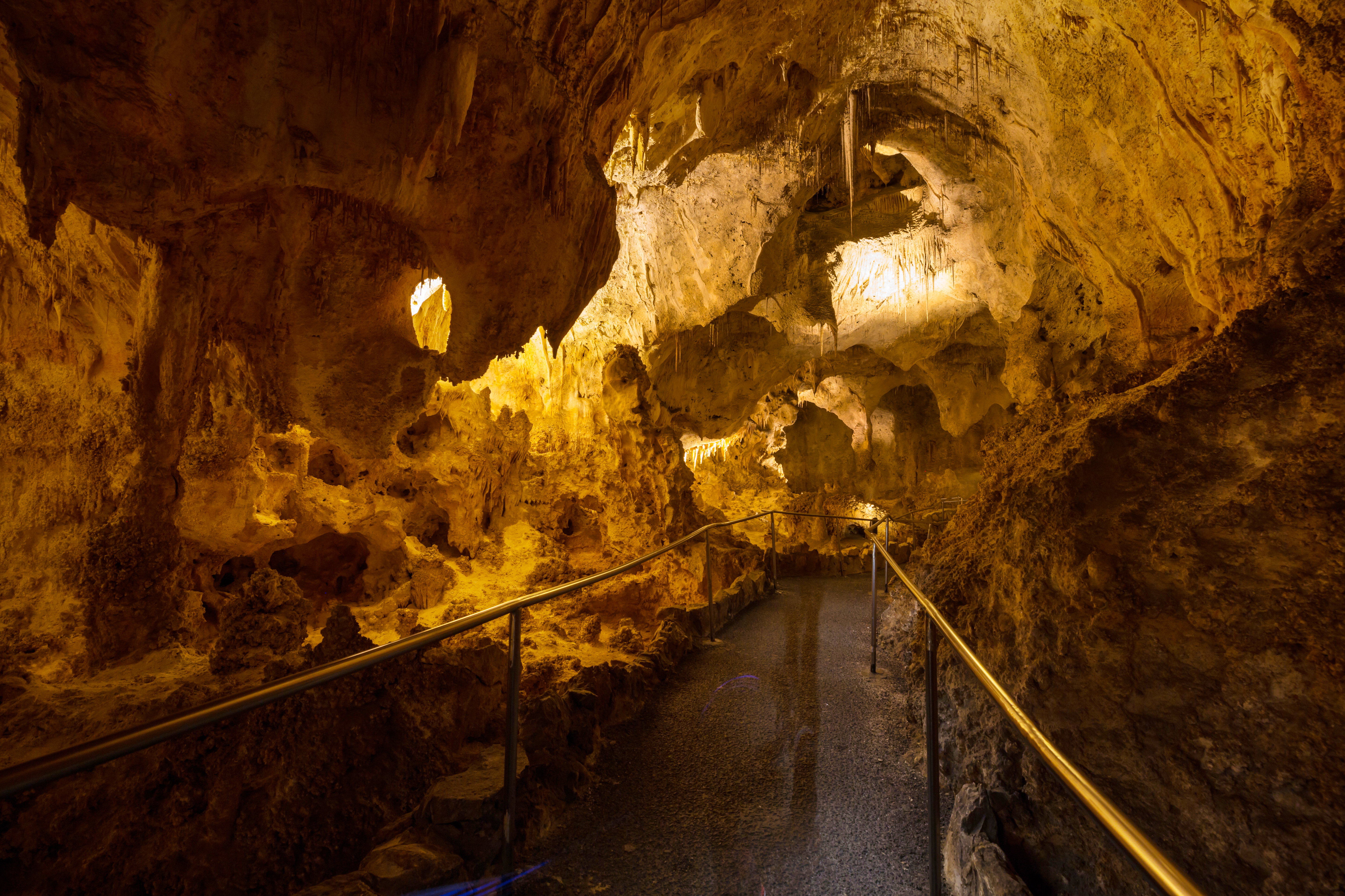 The interior of a large sea cave lit by natural light filtering in from ocean openings with dark rocky walls and water visible