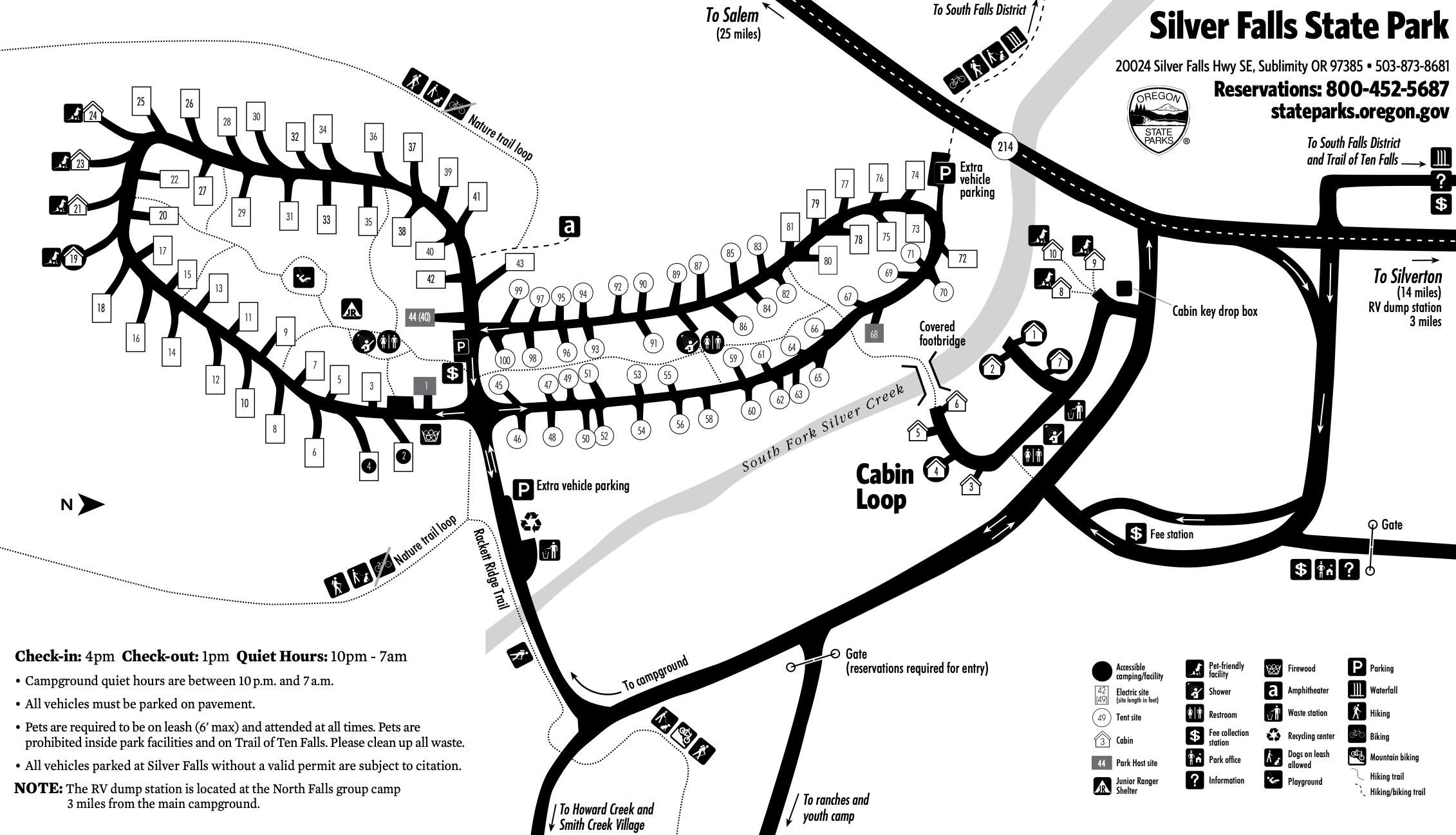 Silver Falls State Park campground map showing Loop A, Loop B, cabin loop, and trail access points