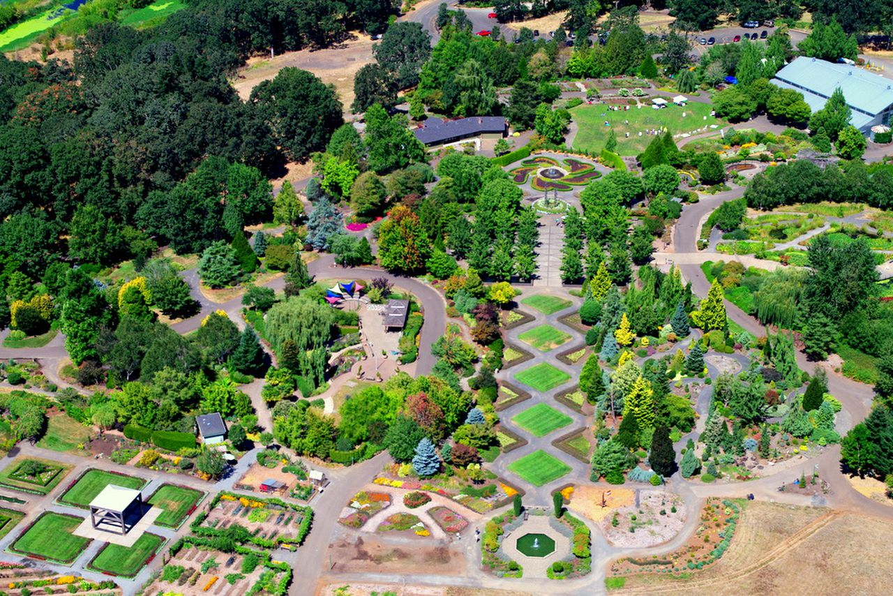 Aerial view of the Oregon Garden botanical gardens in Silverton, Oregon showing the sweeping 120-acre grounds