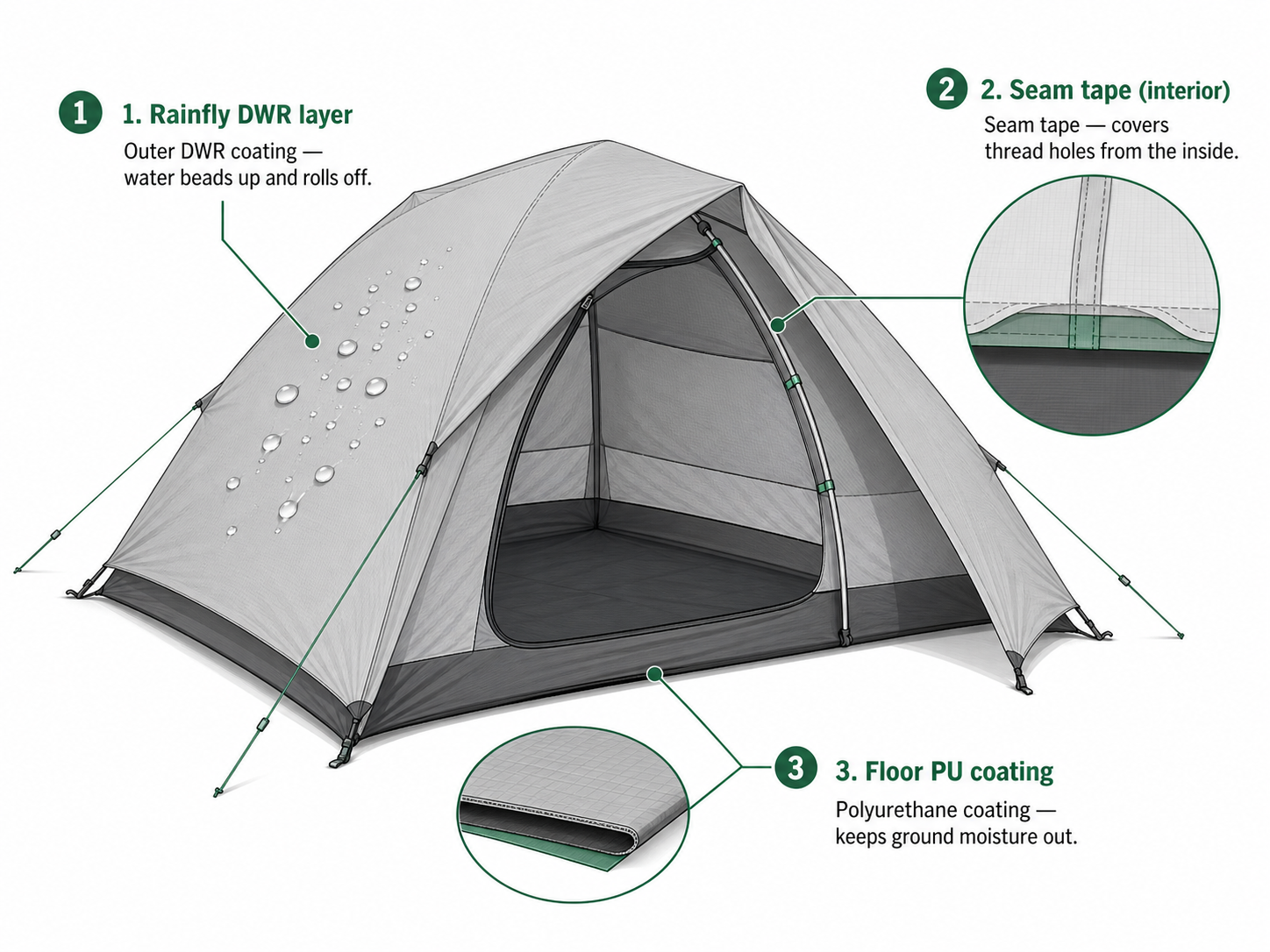 Cutaway diagram of a pitched tent showing the three waterproofing systems: the rainfly's outer DWR coating with water beading and rolling off, the interior seam tape covering thread holes, and the polyurethane floor coating on the underside