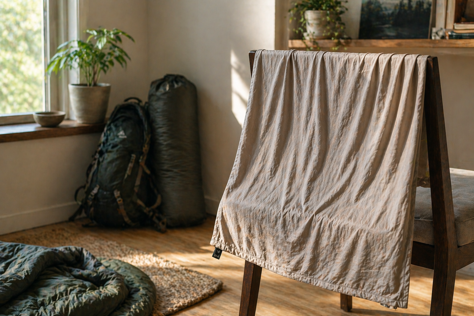 A clean sleeping bag liner hung over a bathroom shower rod to air dry after washing