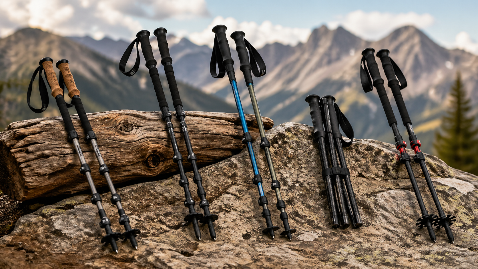 Multiple trekking pole types staged for a category overview
