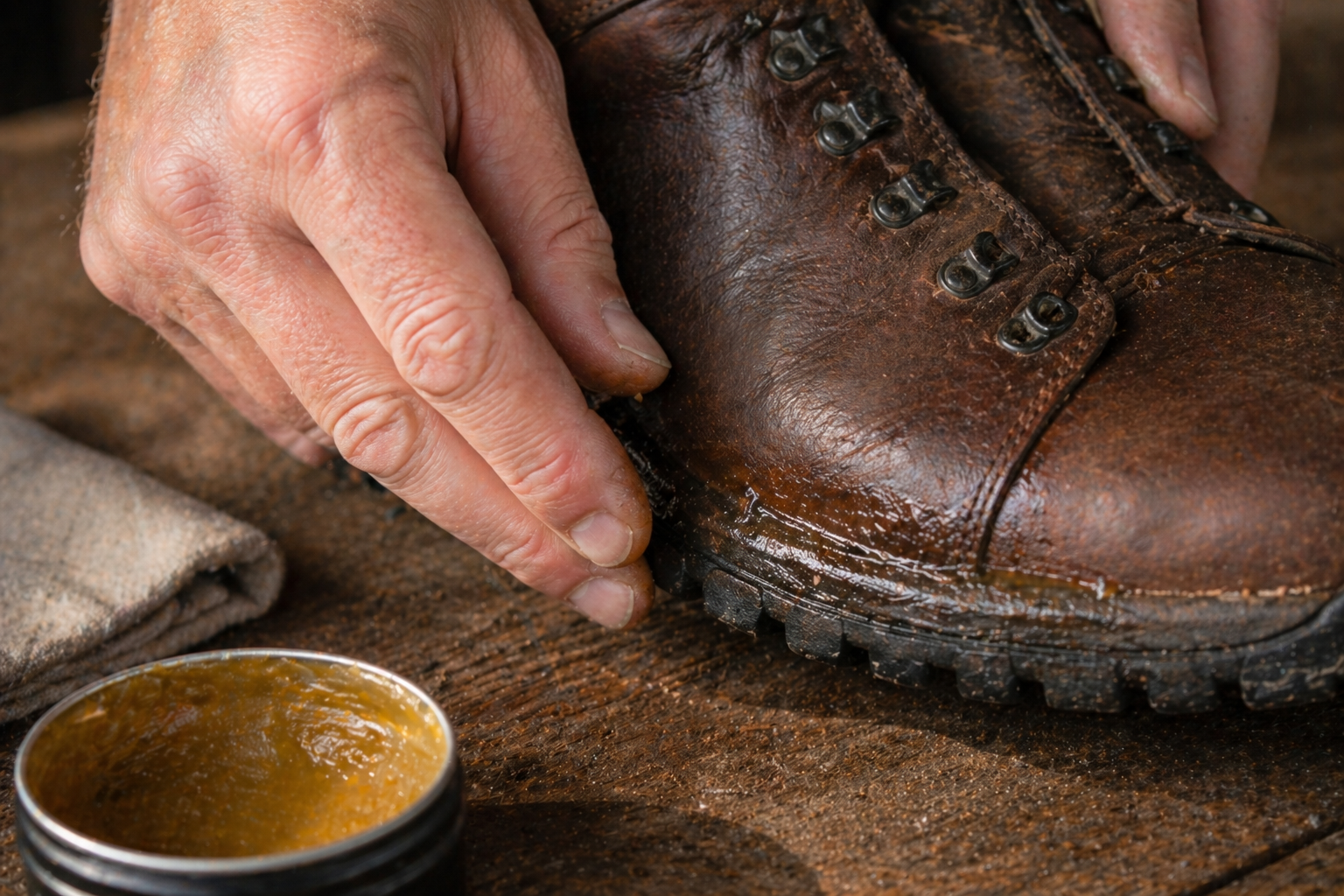 Applying waterproofing wax to the welt and seams of a hiking boot