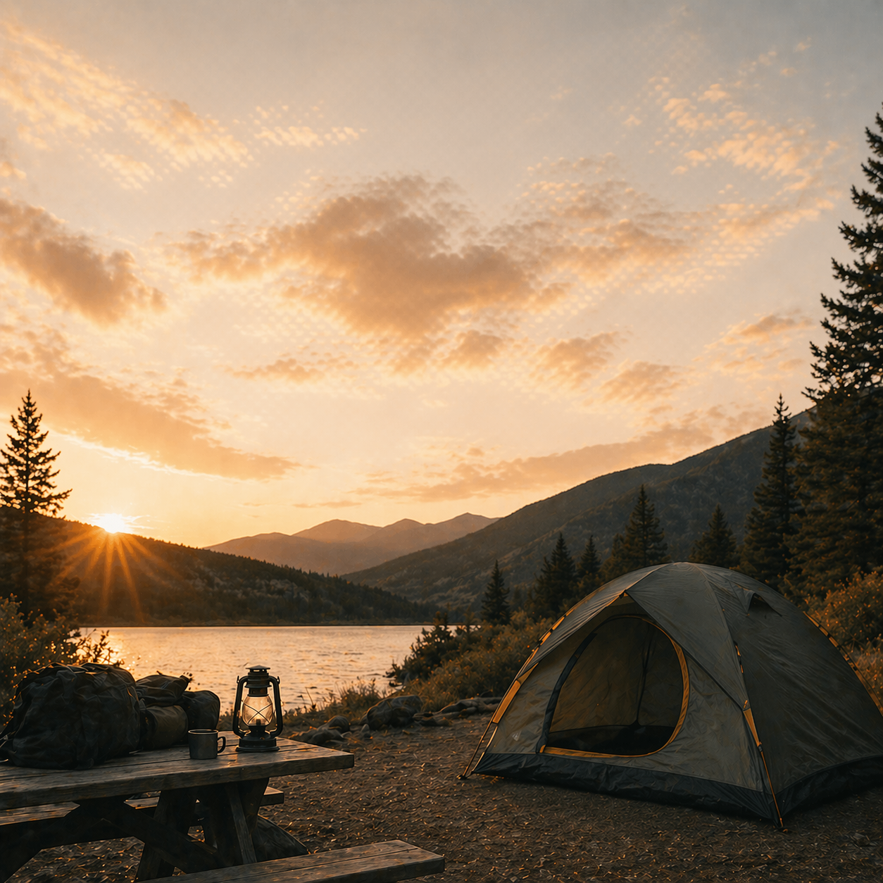 A tent pitched at a lakeside campsite at golden hour, with mountains, a lantern, and gear laid out in the warm evening light