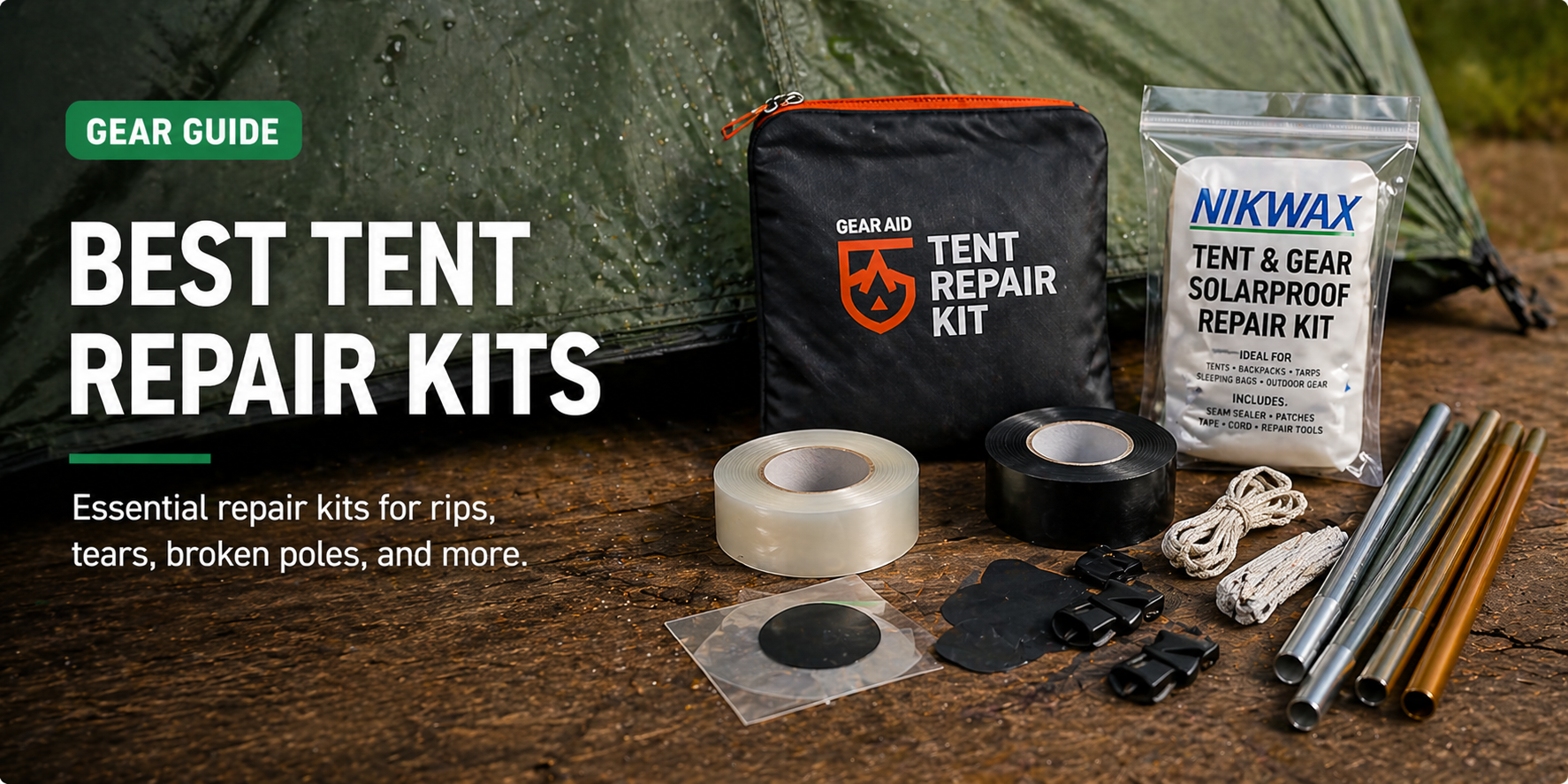 Tent repair kits laid out with tape, patches, and pole splints