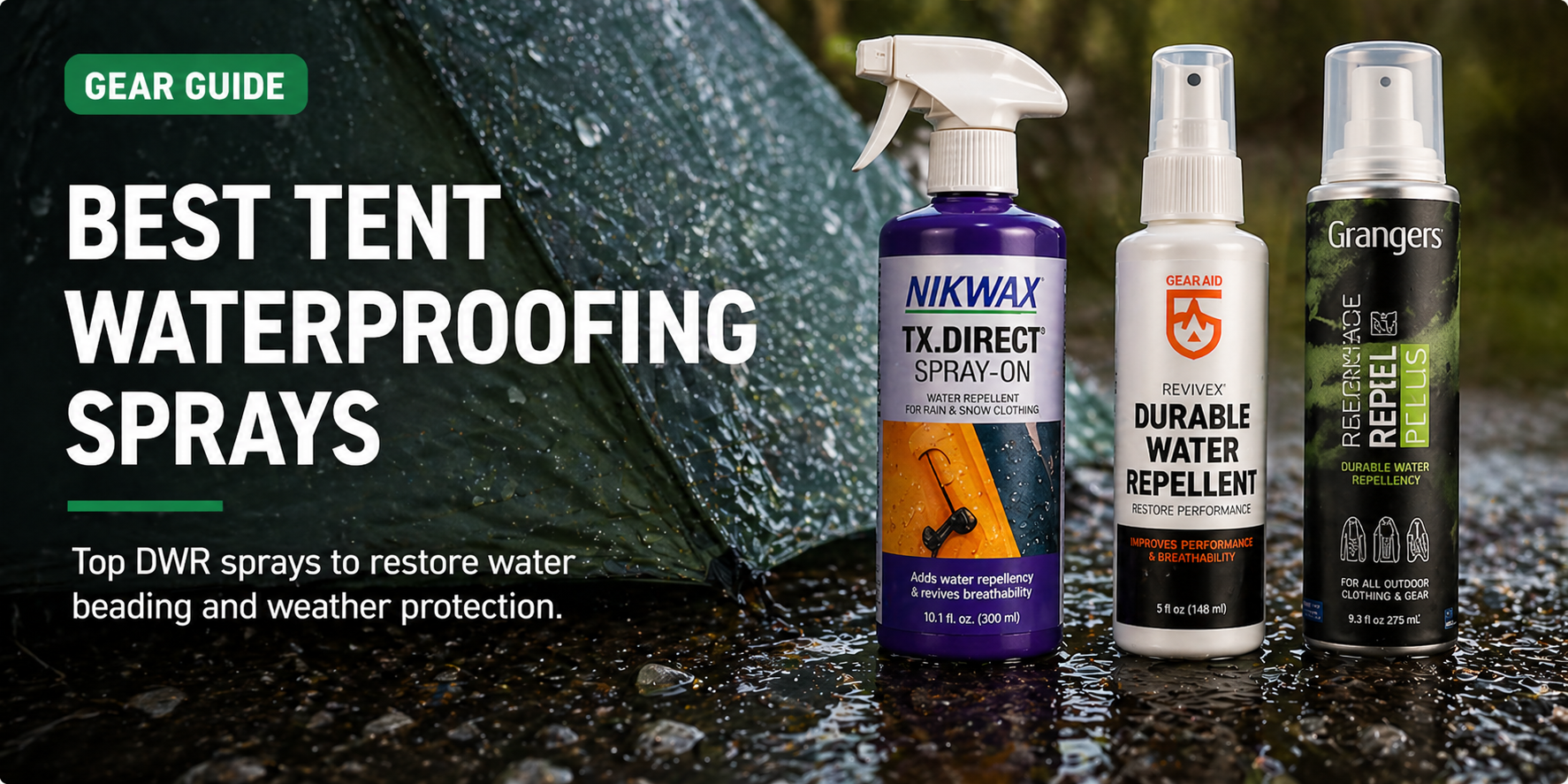 Tent waterproofing sprays staged for testing on a rainfly