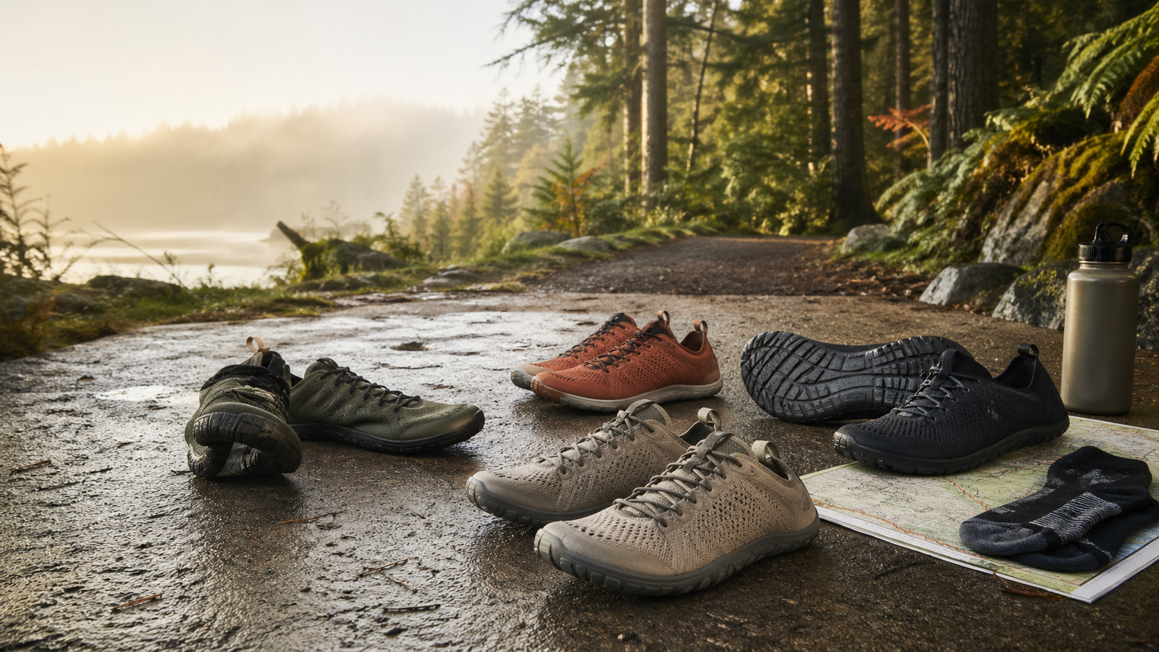 Best barefoot running shoes laid out on Pacific Northwest forest trail at sunrise , true minimalist and zero-drop cushioned options compared