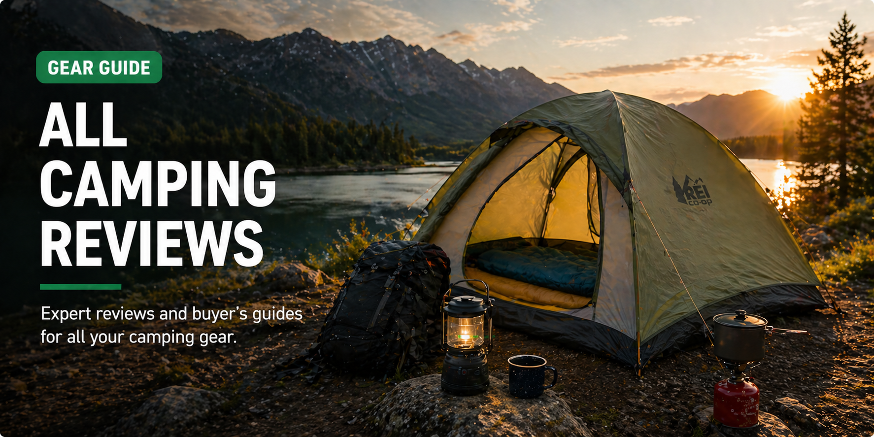 Multiple camping gear types staged for a category overview