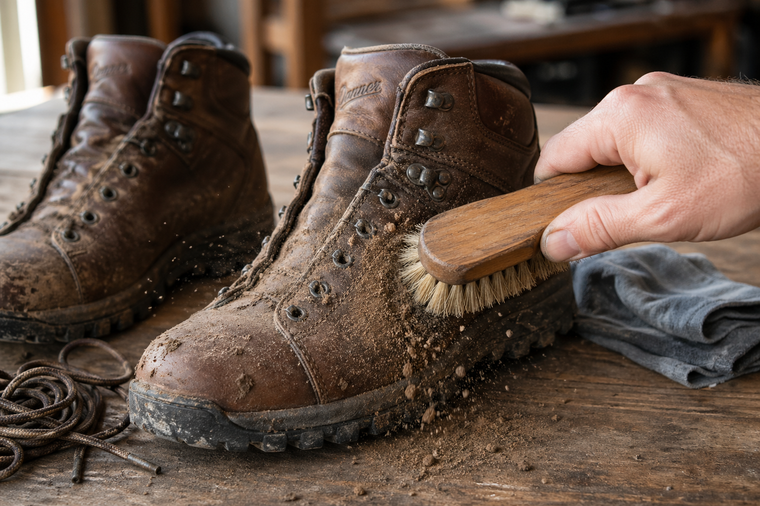 Cleaning a leather hiking boot with a soft brush, the first step before applying any waterproofing treatment