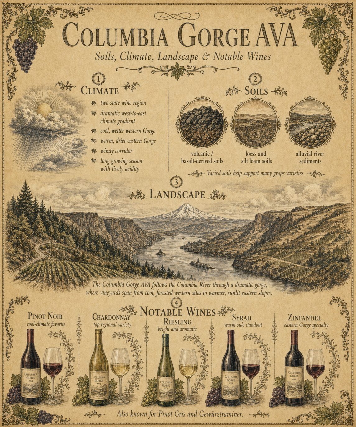 Vintage illustrated infographic showing Columbia Gorge AVA climate, soils, landscape, and notable wines