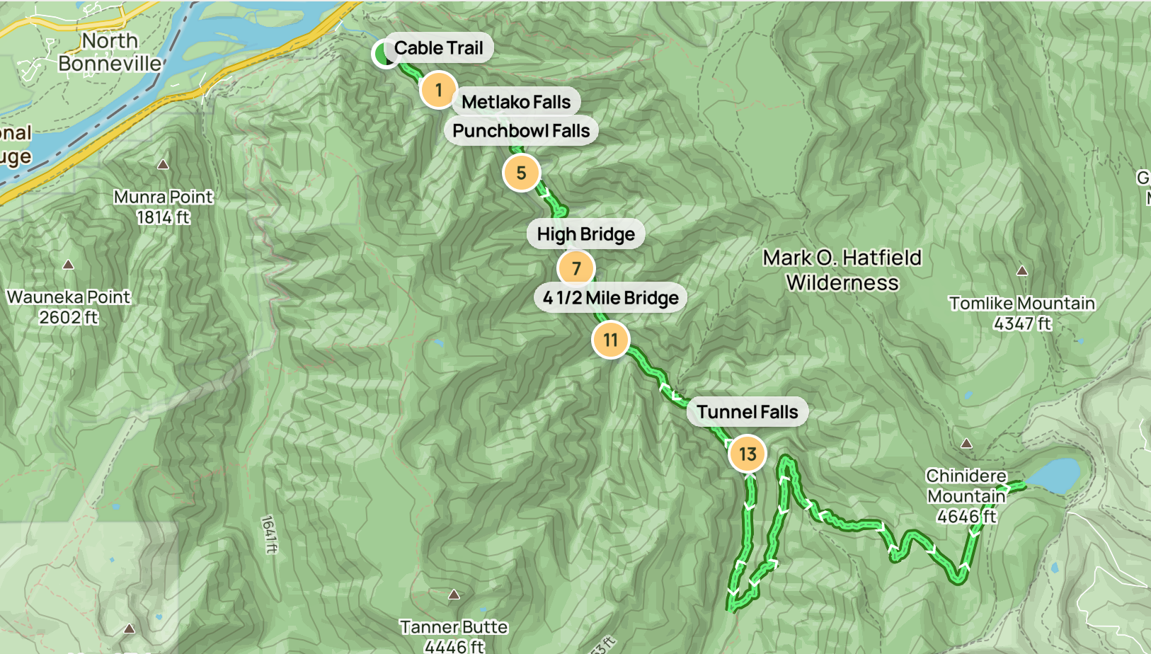 Eagle Creek Trail overview map showing the full route from Eagle Creek Trailhead through the canyon past Metlako Falls, Punchbowl Falls, High Bridge, and Tunnel Falls to Wahtum Lake