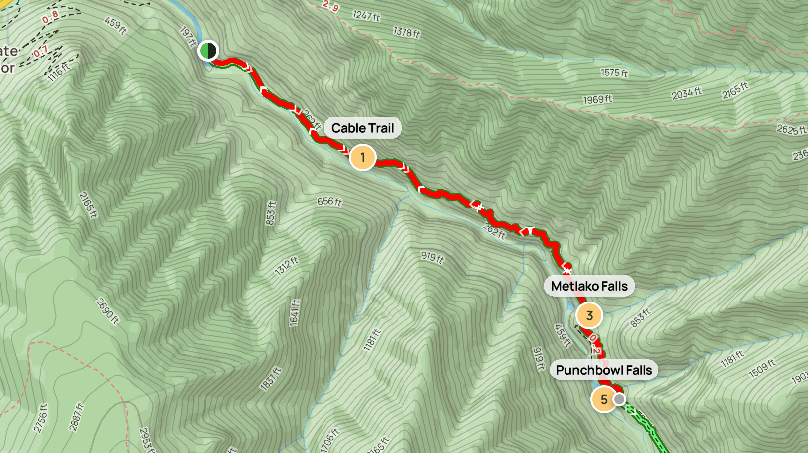 Route map of Eagle Creek Trail to Punchbowl Falls, showing the 3.8-mile round-trip path from the trailhead past Metlako Falls overlook to the lower Punchbowl viewpoint