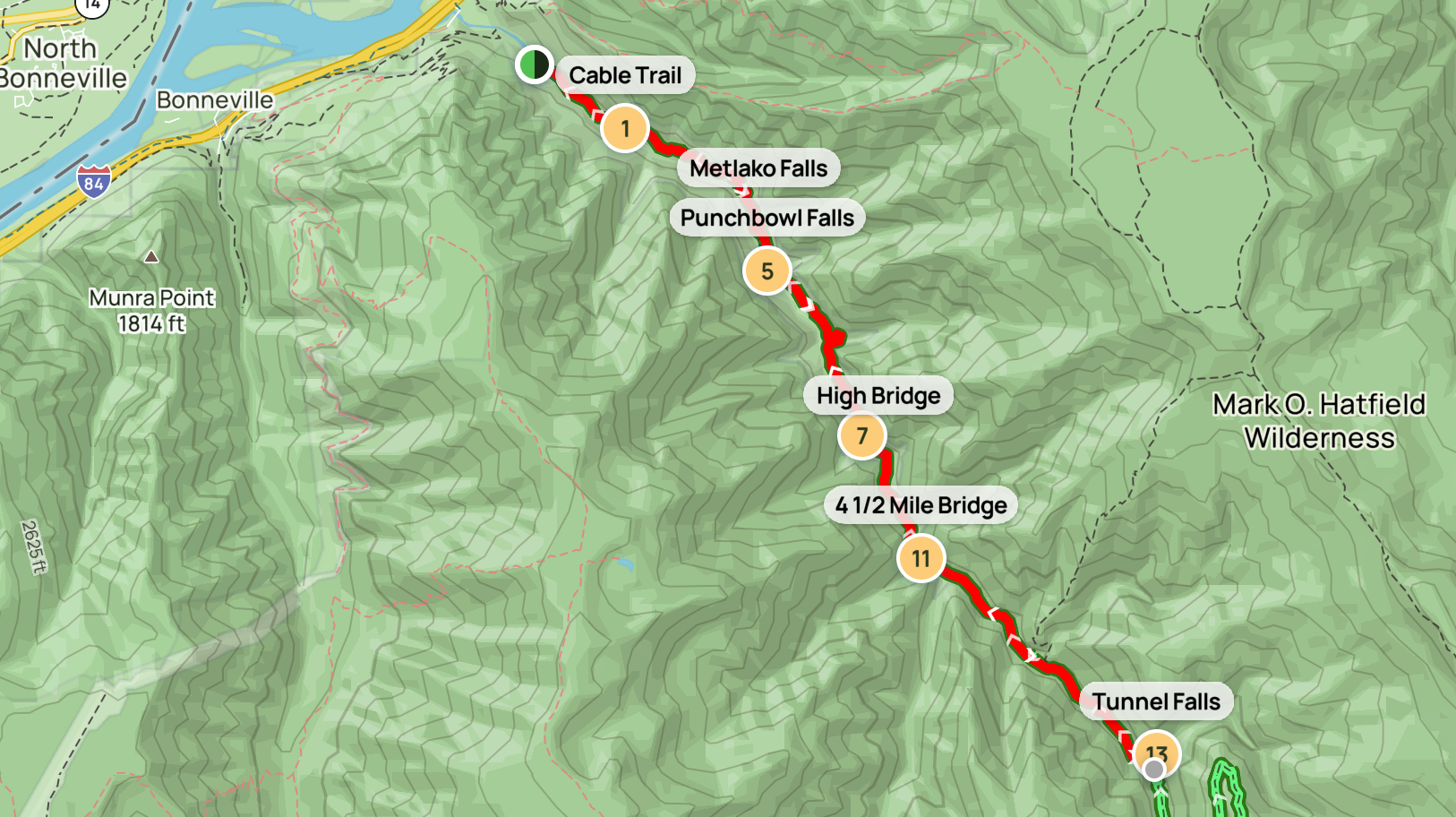 Route map of Eagle Creek Trail to Tunnel Falls, showing the 12-mile round-trip path past Punchbowl Falls, High Bridge, Skoonichuk Falls, and the upper canyon switchbacks