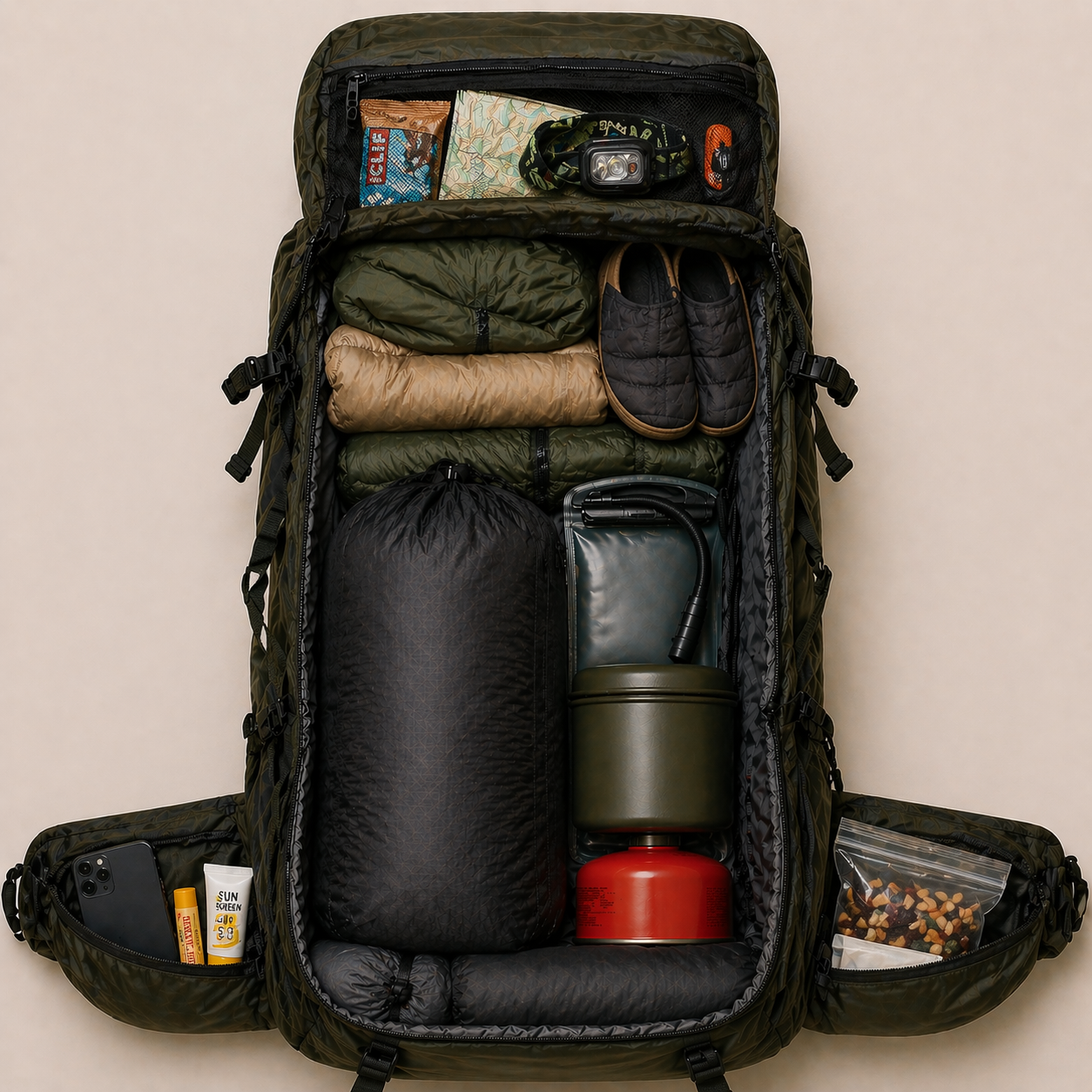 Illustration of snacks, map, and headlamp stored in the top lid and hipbelt pockets of a hiking backpack for easy access