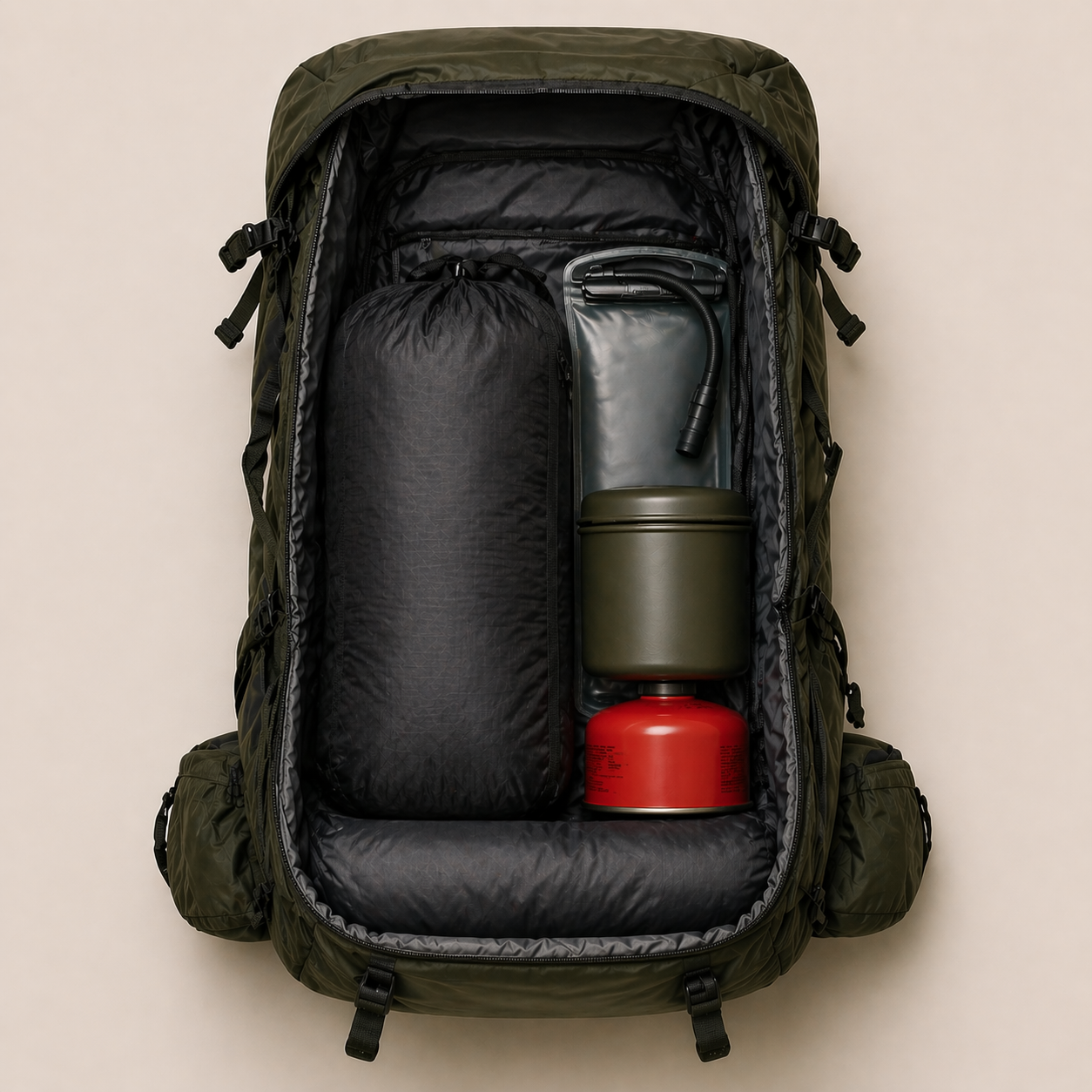 Illustration showing heavy gear positioned in the core zone of a hiking backpack, pressed against the back panel