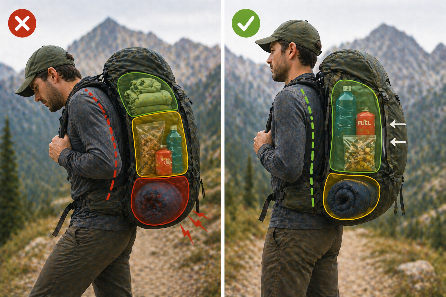 Illustration of a hiking backpack with heavy items incorrectly packed at the bottom, showing the unbalanced load
