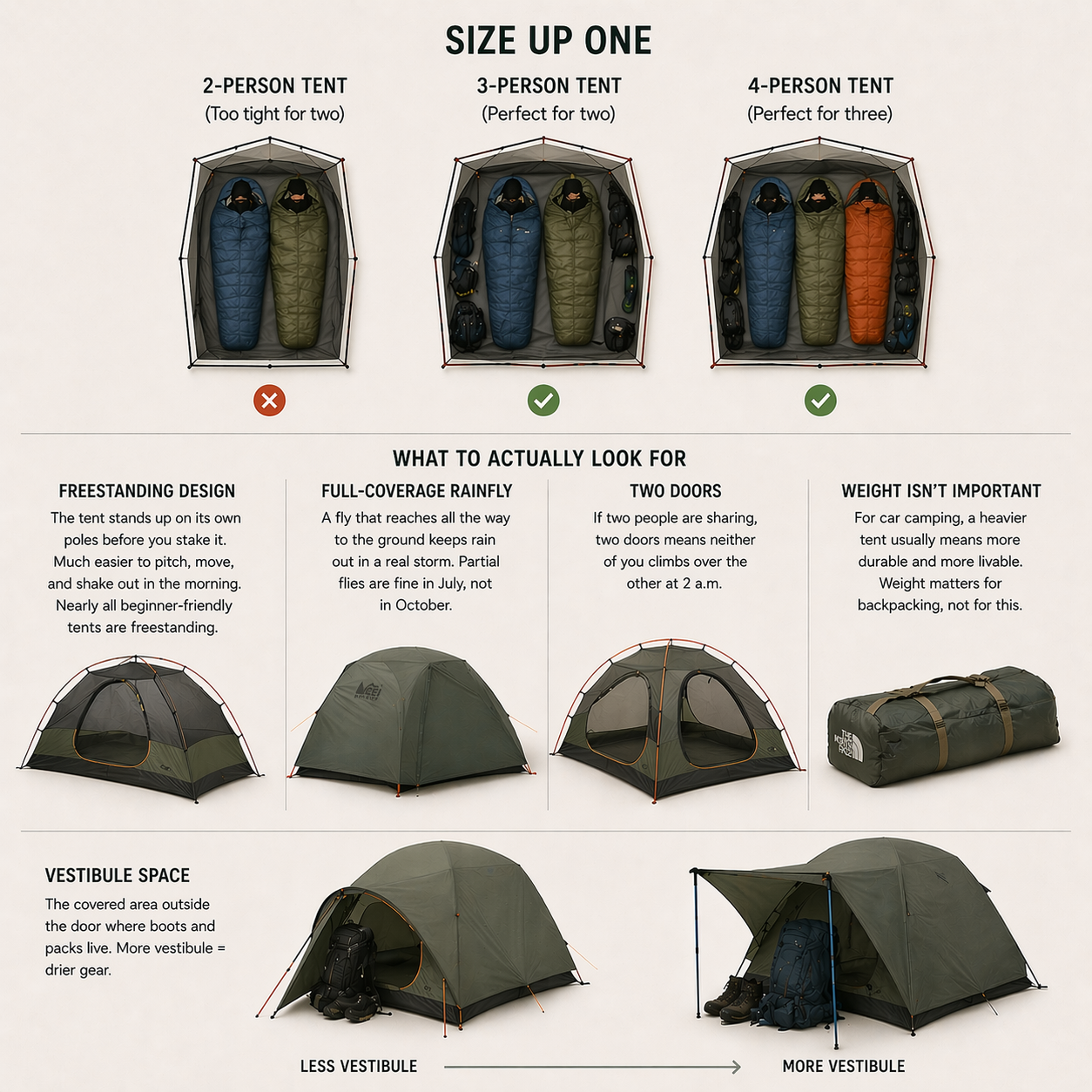 Illustrated Tent Camping for Beginners guide to picking a first tent: size, seasonality, and key features