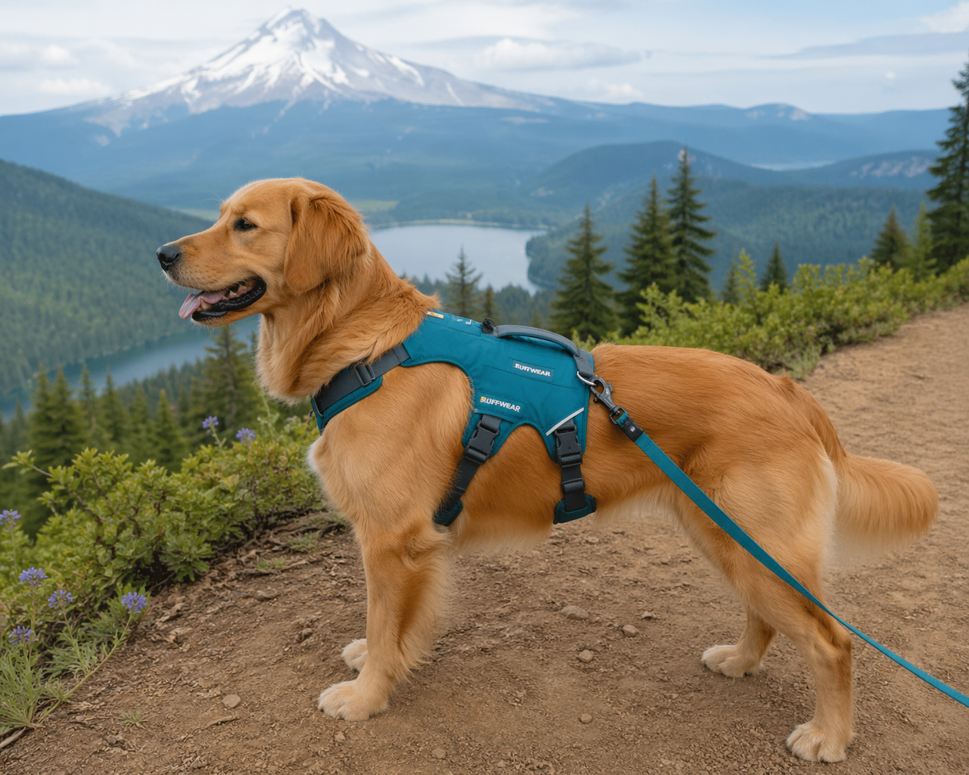 How to put on a dog harness: dog wearing a correctly fitted hiking harness on an Oregon trail