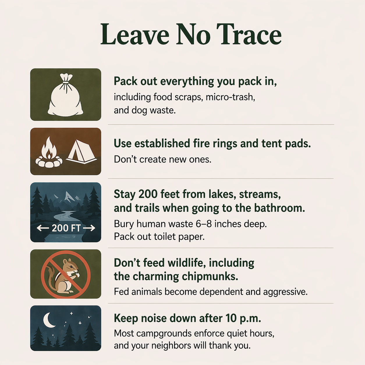 Illustrated Leave No Trace principles for Tent Camping for Beginners