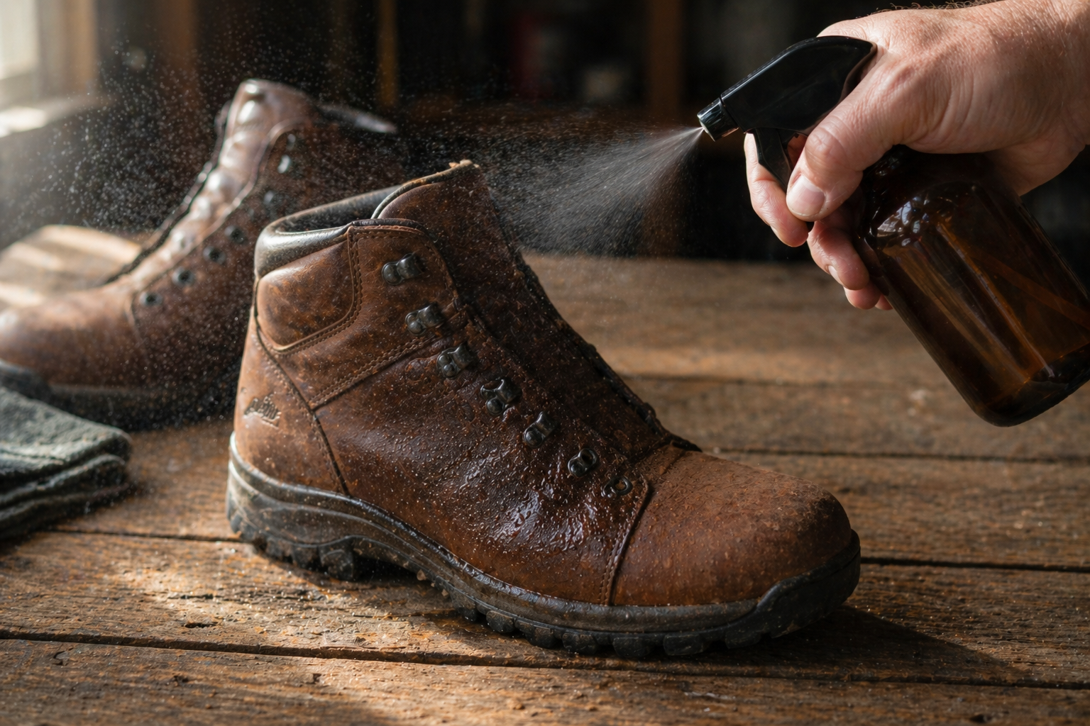 Lightly dampening the uppers of a hiking boot with a spray bottle of clean water