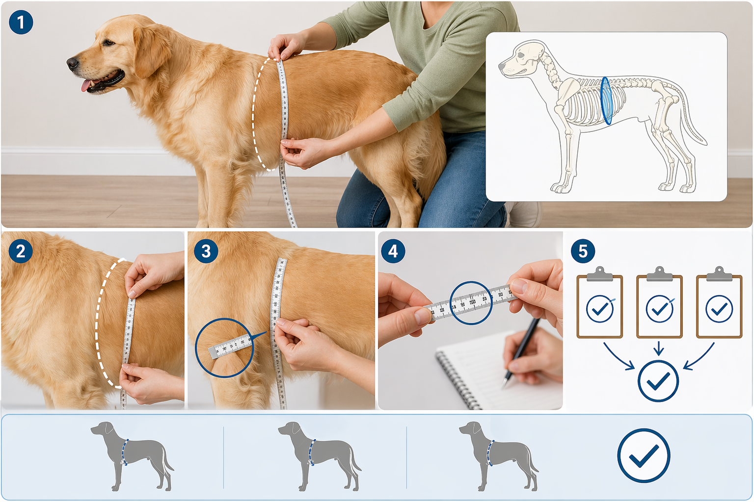 How to measure a dog for a harness: a soft tape measure wrapped around the chest girth, the widest part of the rib cage just behind the front legs