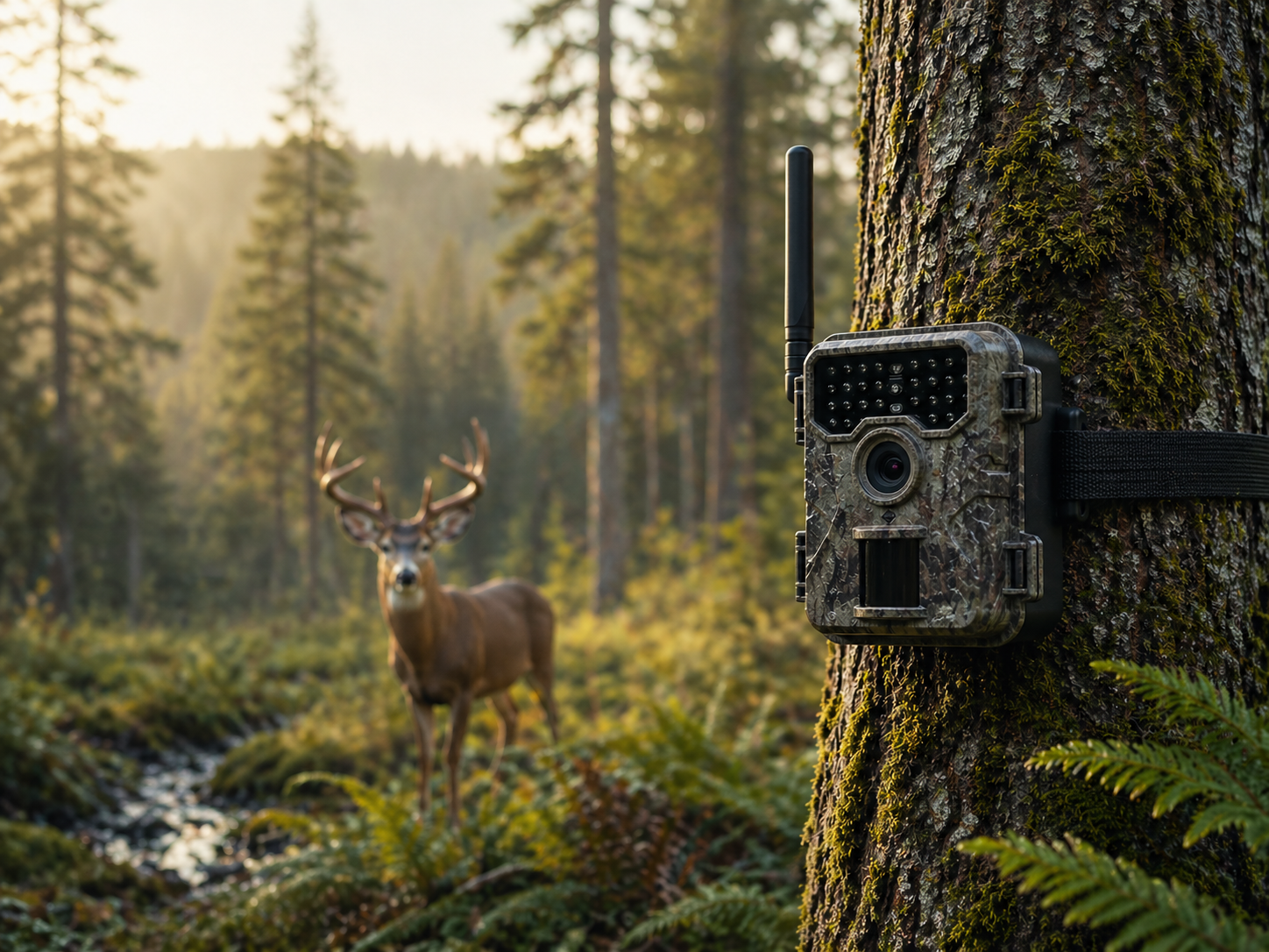 Morning light on a trail camera mounted in the forest