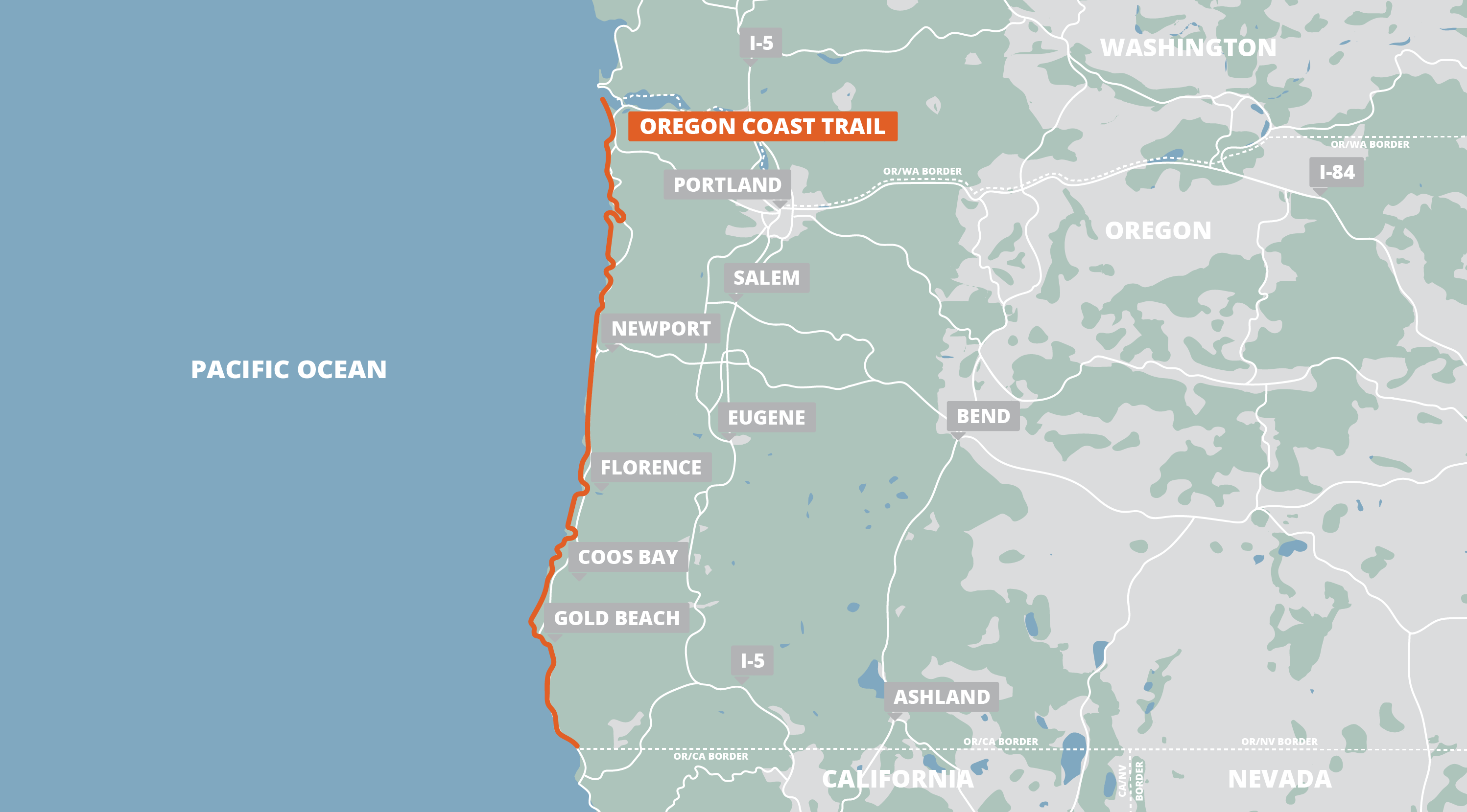 Oregon Coast Trail map showing the full 382-mile route from the Columbia River to California