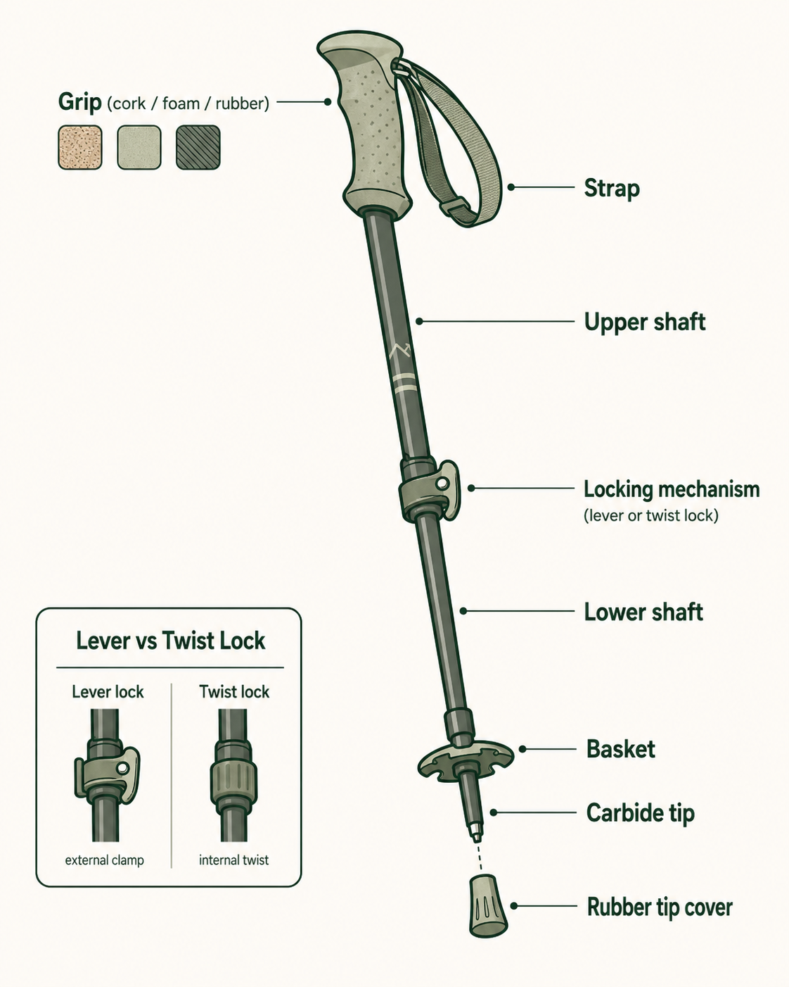 Labeled trekking pole anatomy diagram showing the grip, strap, upper shaft, locking mechanism, lower shaft, basket, carbide tip, and rubber tip cover