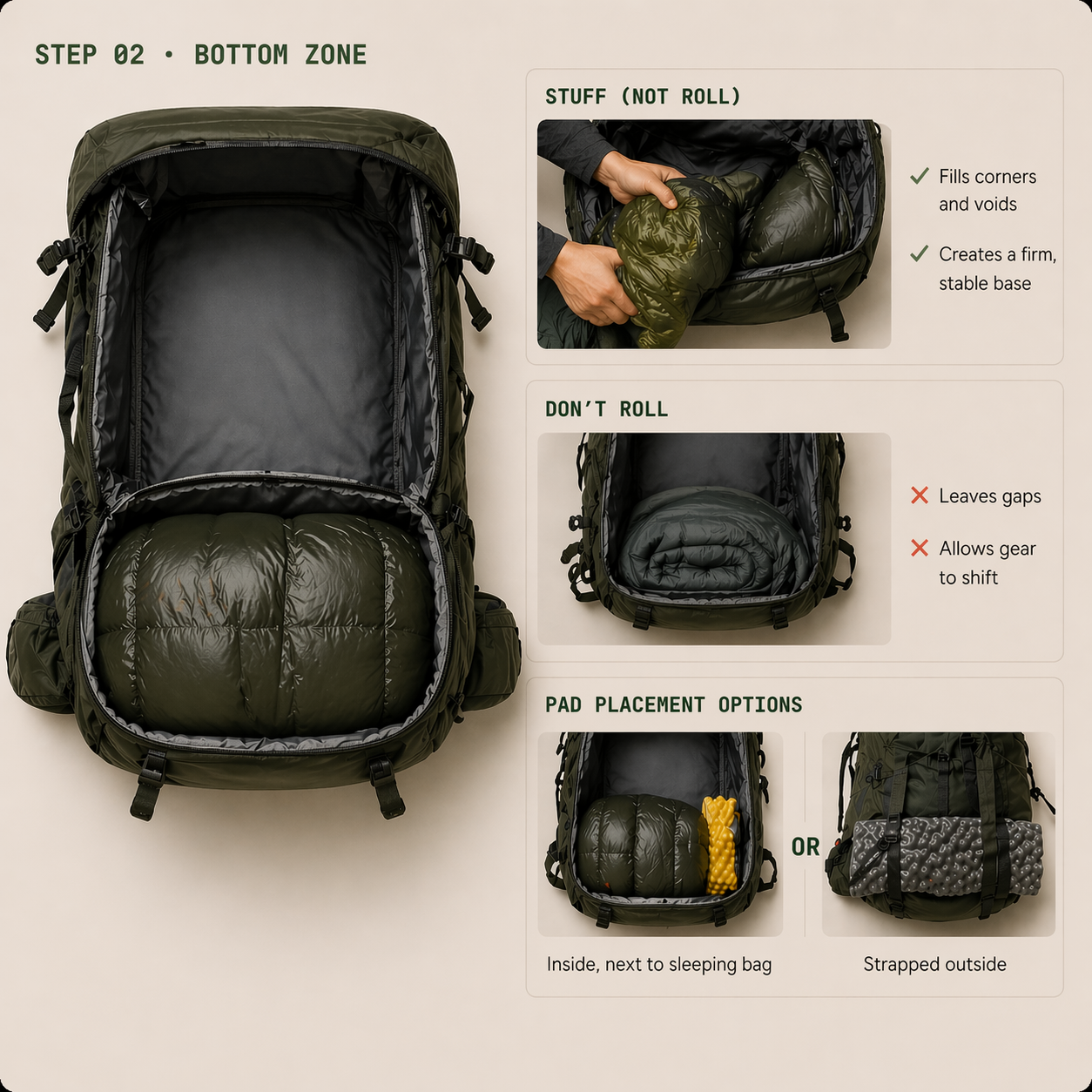 Illustration of a sleeping bag being stuffed into the bottom compartment of a hiking backpack