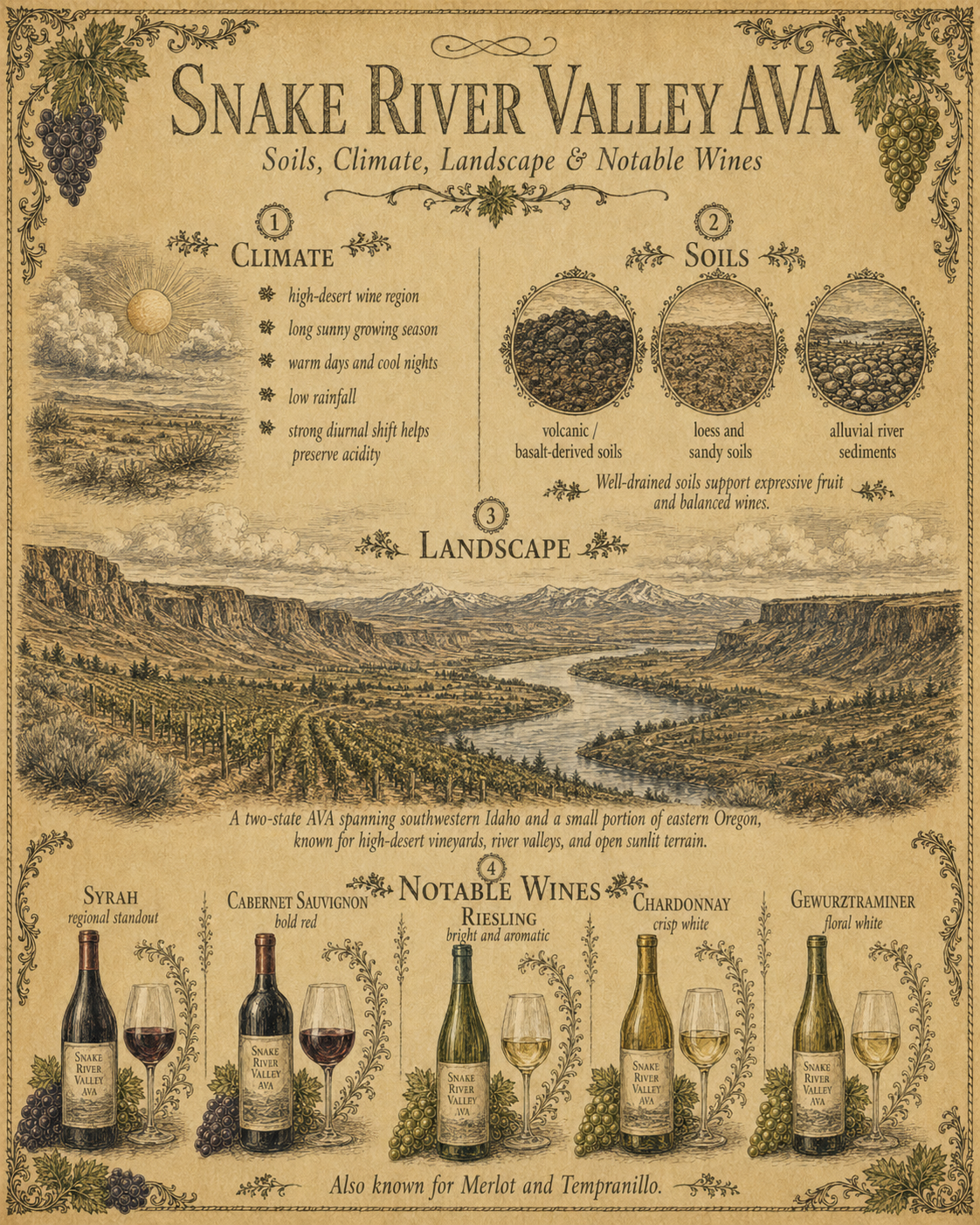 Vintage illustrated infographic showing Snake River Valley AVA climate, soils, landscape, and notable wines