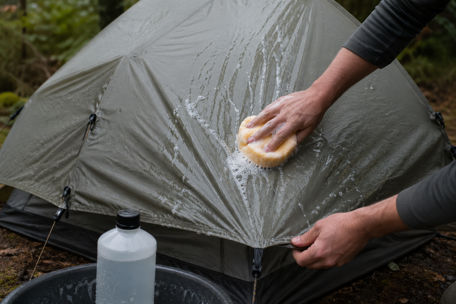 Hands wiping down a pitched tent rainfly with a soft sponge and tech wash, with a bottle of cleaning solution visible in the foreground