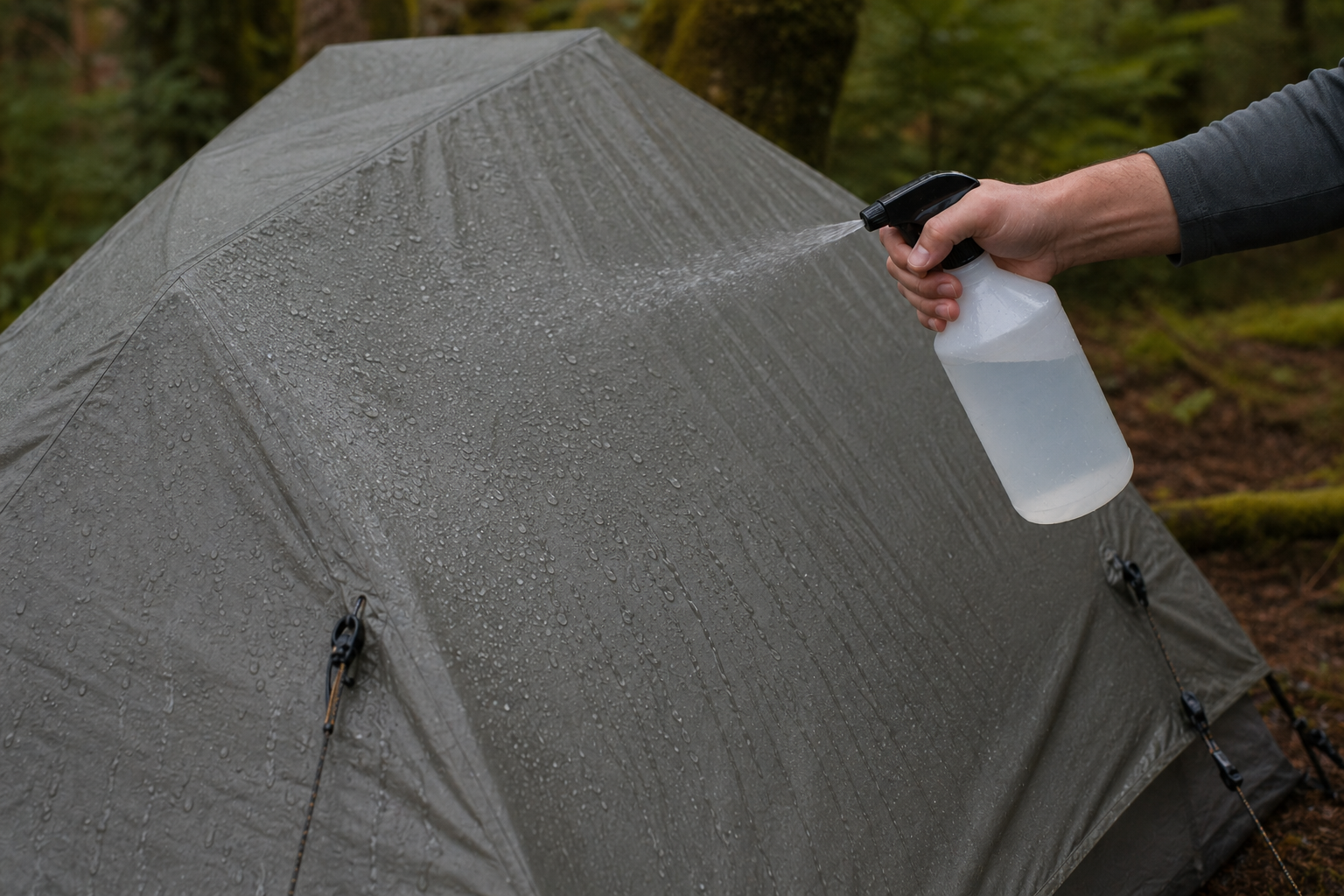 Spraying DWR refresh onto a pitched tent rainfly with a spray bottle held 6 to 8 inches away, an even arc visible across the fabric surface