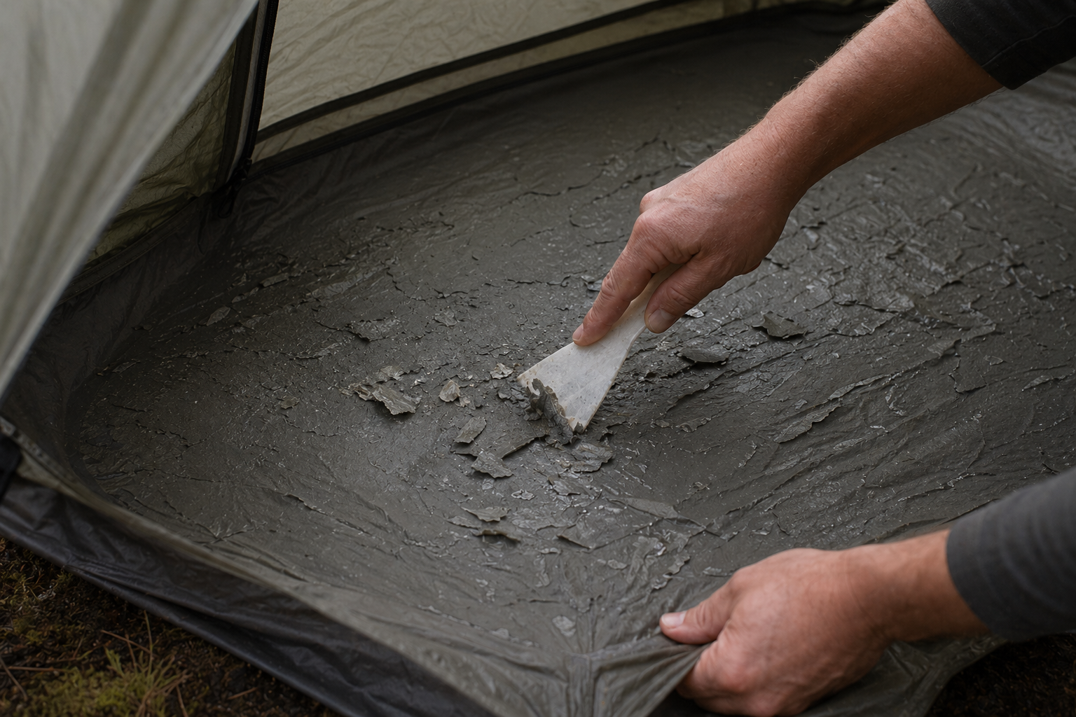 A hand using a soft plastic scraper to gently remove flaking polyurethane coating from the inside of a tent floor, with the failed coating visibly peeling away from the fabric