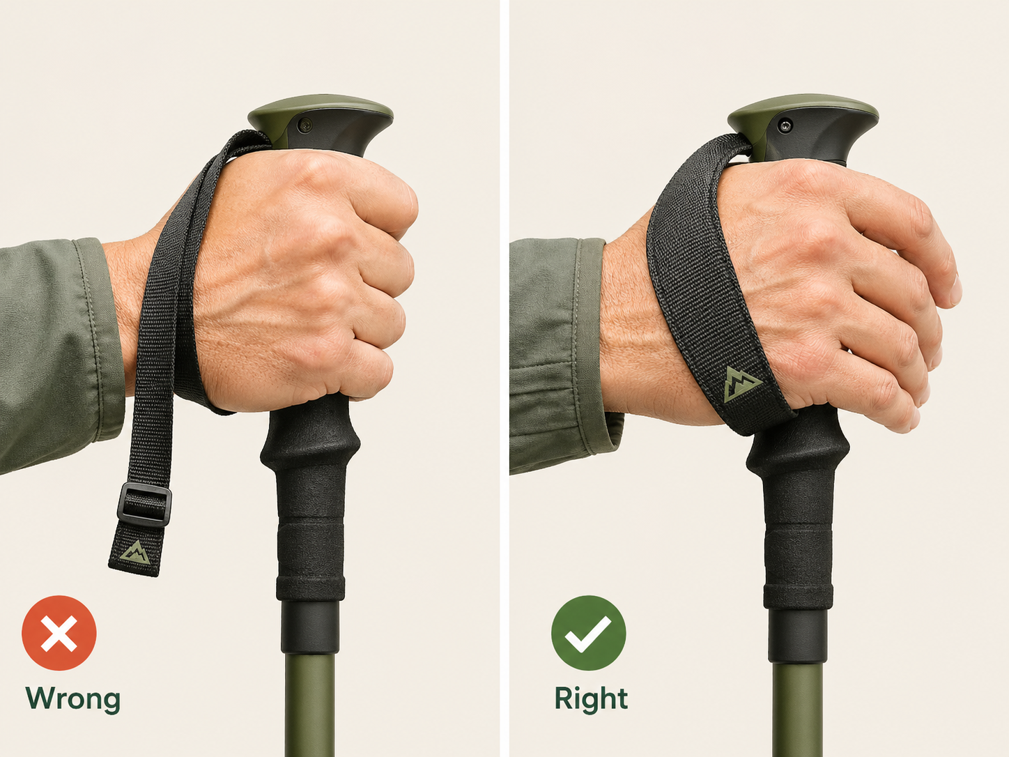 Two-panel illustration showing the wrong way to hold a trekking pole, with a clenched grip and unused strap, versus the correct way, with the hand brought up through the strap from below so the load transfers through the wrist