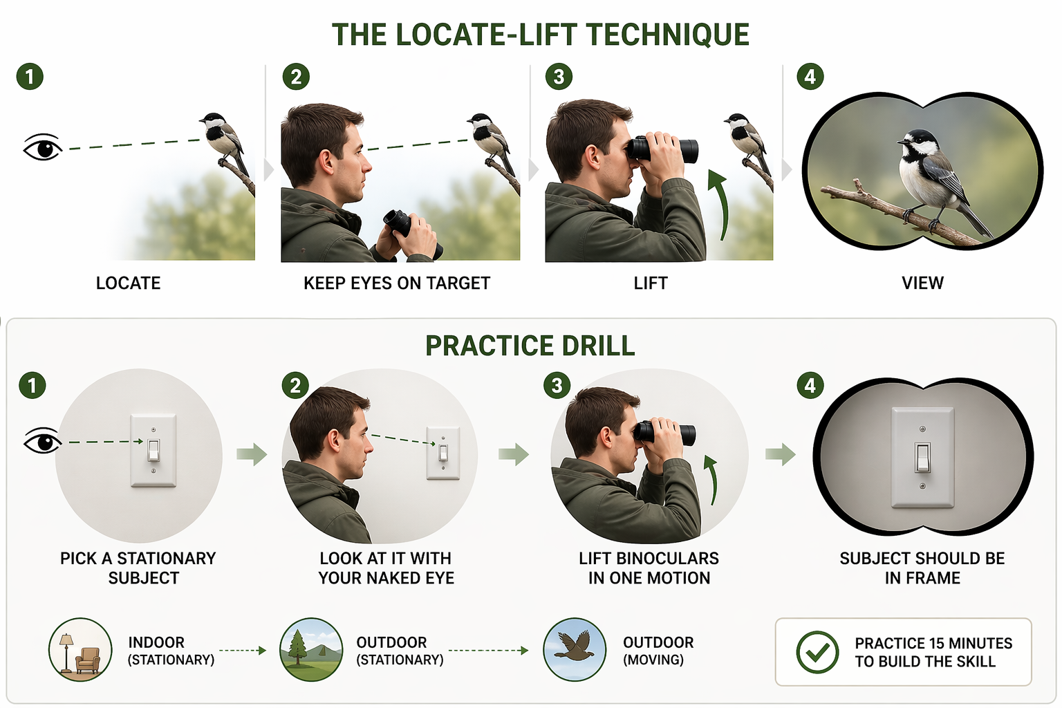The locate-lift technique for how to use binoculars: four-step diagram showing locate with naked eye, keep eyes on target, lift binoculars, view subject in frame