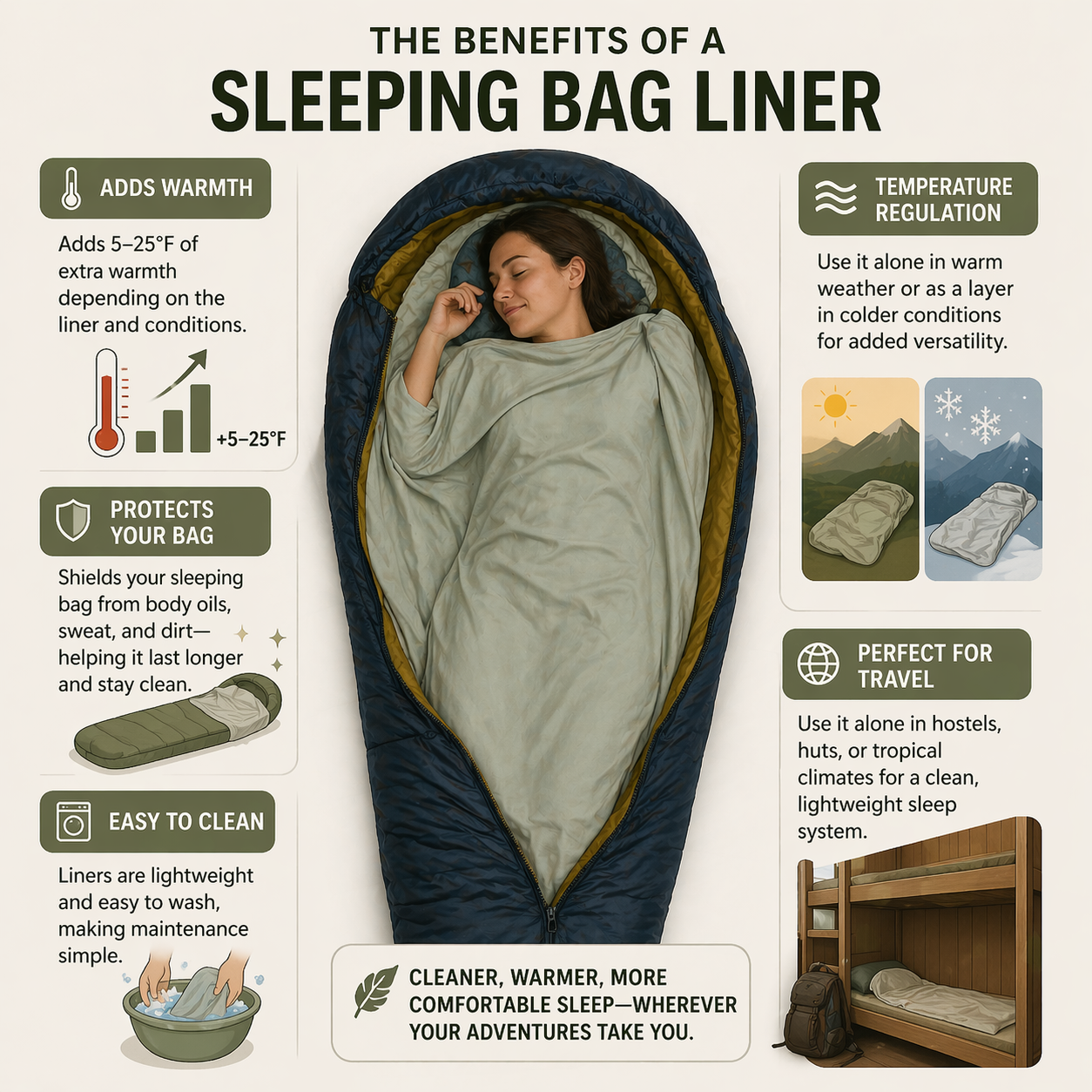 A neatly folded merino wool sleeping bag liner on a wooden bench with a sleeping bag behind it, showing the thin inner layer that protects the bag from body oils and sweat