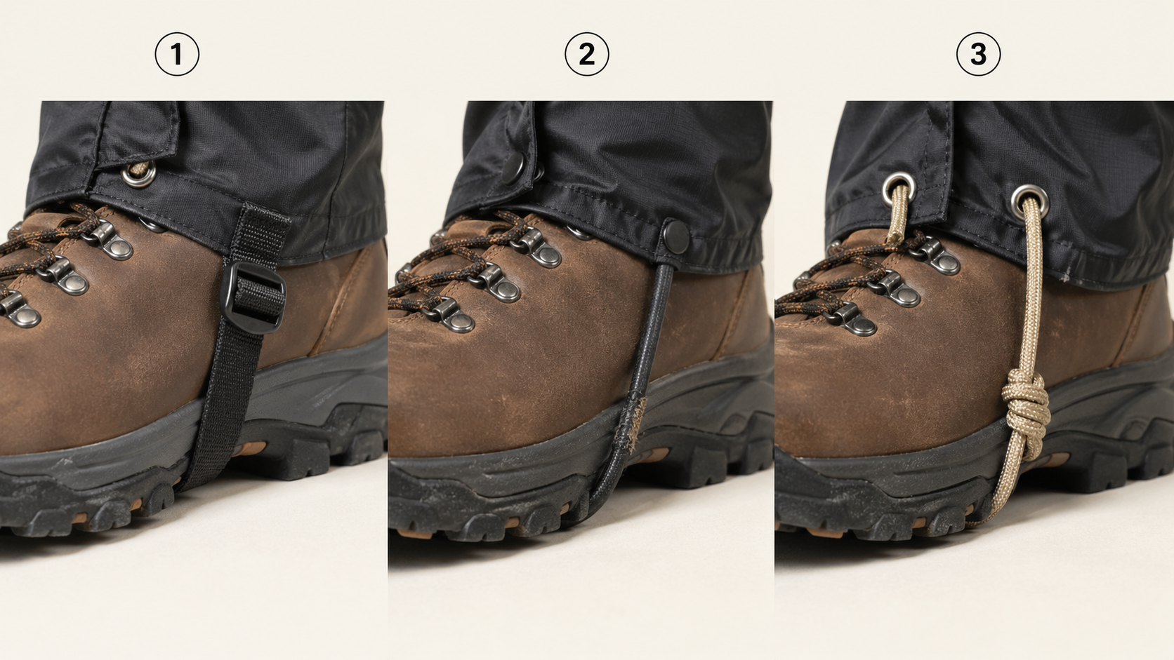 Macro detail of three gaiter instep strap types routed under the arch of a hiking boot: a flat black bonded nylon webbing strap with adjustment buckle, a worn round black rubberized cord, and a beige replaceable accessory cord threaded through metal eyelets and tied with a double fisherman's knot