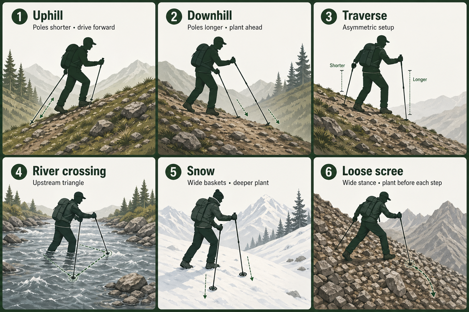 How to use trekking poles by terrain: six-panel grid showing technique adjustments for uphill, downhill, traverse or sidehill, river crossing, snow with wide baskets, and loose scree