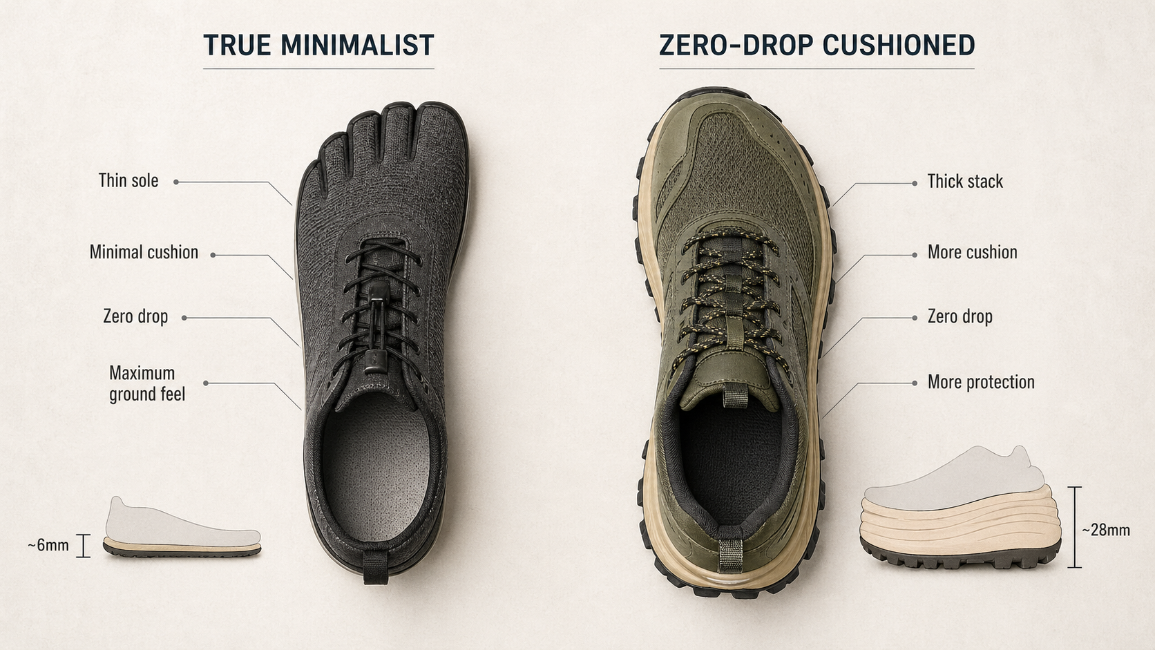 True minimalist vs zero-drop cushioned barefoot running shoes compared , Vibram and Vivobarefoot thin-sole construction next to ALTRA Lone Peak zero-drop cushioned construction showing the structural difference within the best barefoot running shoes category