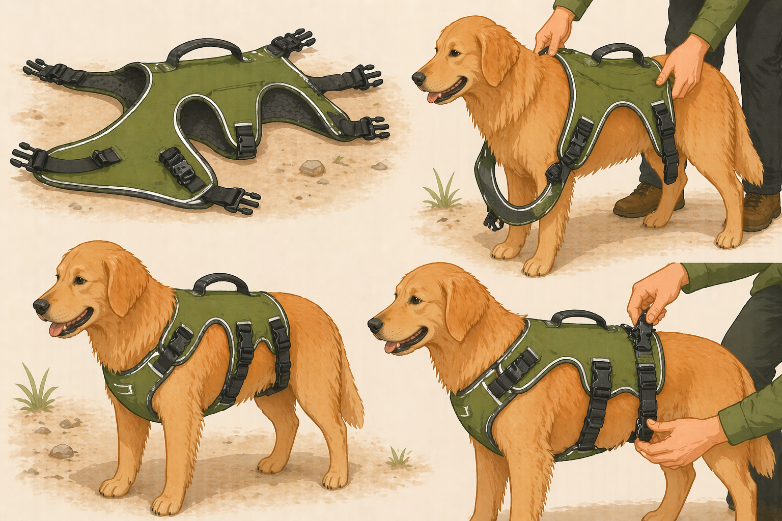 Vest dog harness laid flat showing leg holes and multiple buckles