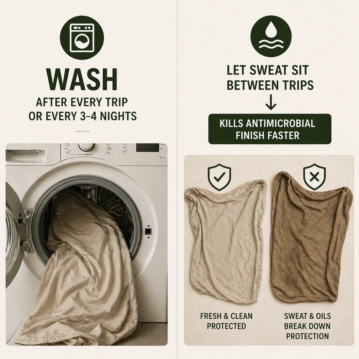 A clean merino sleeping bag liner next to a washing machine, illustrating how often to wash a liner between trips