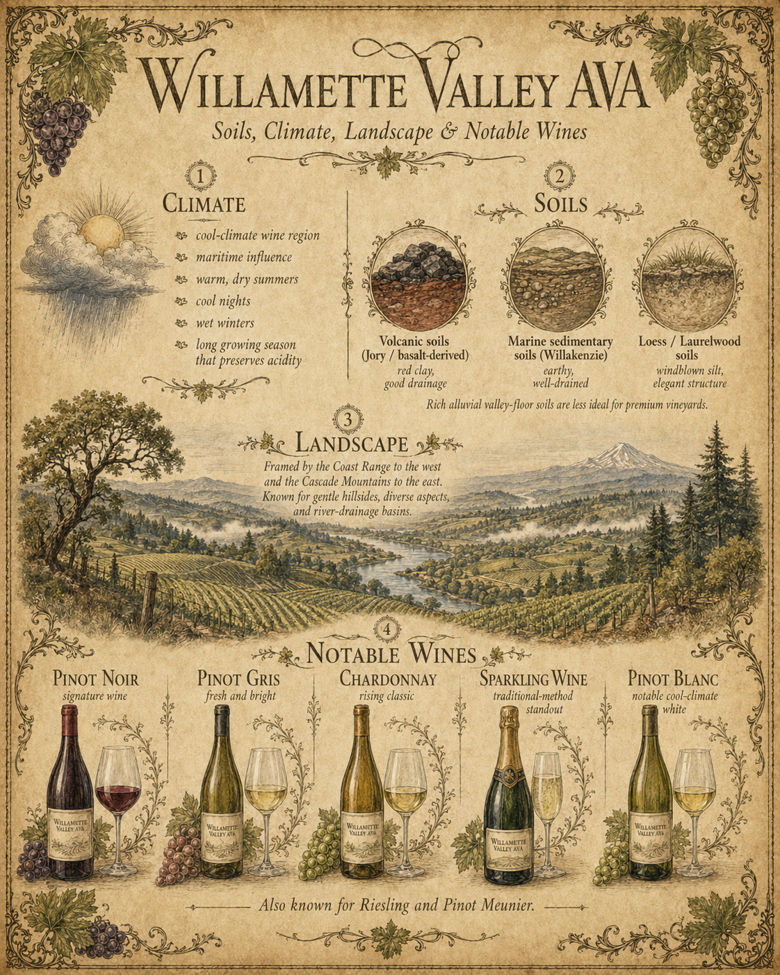 Oregon wineries list: Willamette Valley AVA infographic showing climate, soils, landscape, and notable wines including Pinot Noir, Pinot Gris, Chardonnay, sparkling wine, and Pinot Blanc