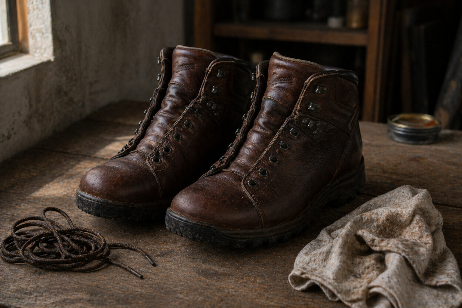 A pair of hiking boots set out to air-dry in a ventilated space after waterproofing