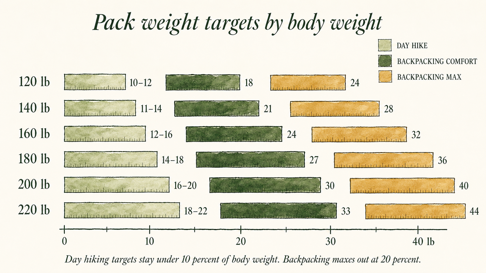 Horizontal bar chart showing pack weight targets across six body weight categories from 120 to 220 pounds. Each row has three bars: day hike target ranging from 10 to 22 pounds, backpacking comfort target from 18 to 33 pounds, and backpacking maximum from 24 to 44 pounds, demonstrating that day hiking targets stay under 10 percent of body weight while backpacking maxes at 20 percent